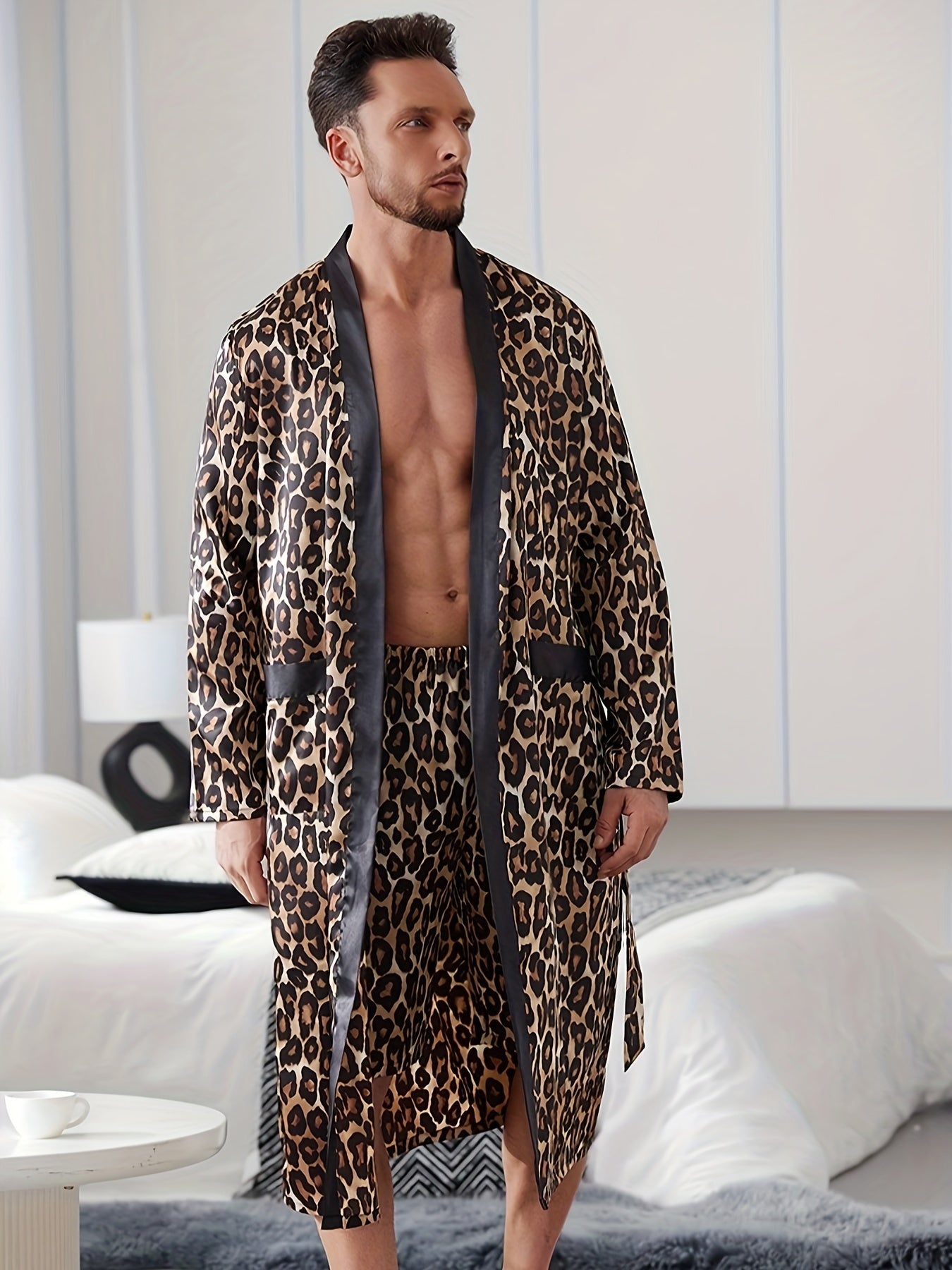 Men's Leopard Print Pajama Set with V-Neck Robe and Belted Pants