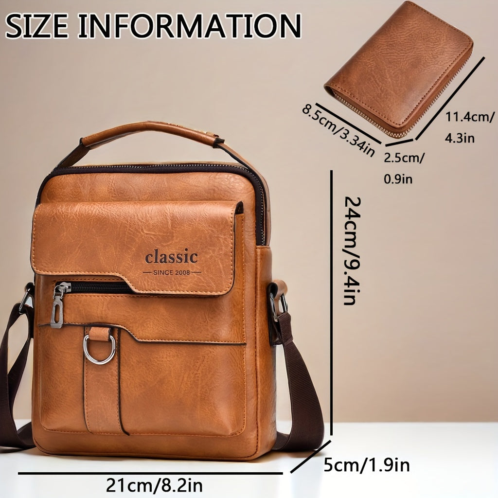 Men's Water-Resistant PU Crossbody Bag with Large Capacity Vintage Vertical Business Casual Style