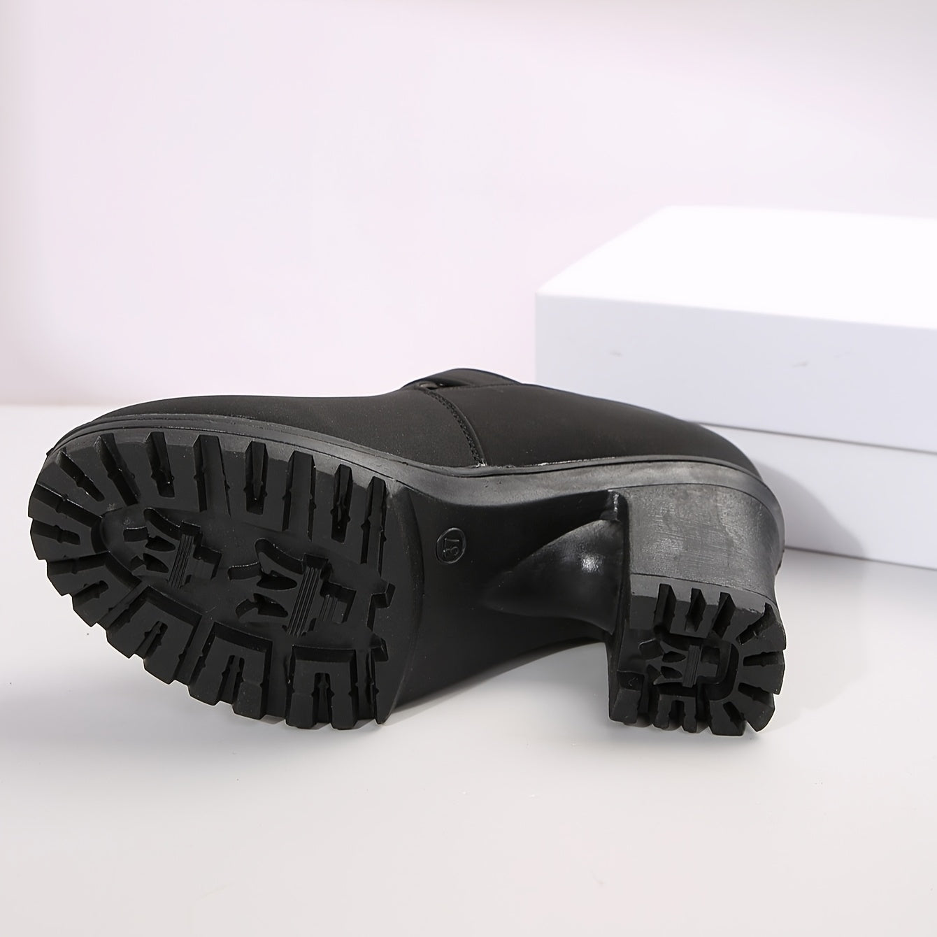 Women's Black Chunky Heel Pumps with Buckle Strap and Rubber Sole