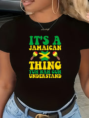 Camiseta gráfica con bandera de Jamaica para mujer, manga corta, top casual negro