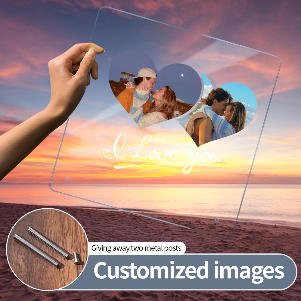 Customizable LED Light Acrylic Photo Frame with Transparent Love Heart Design for Gifts