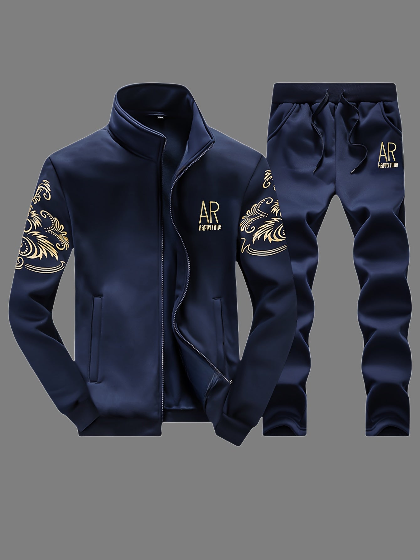Men's Athletic Set with Stand Collar Zip-Up Jacket and Elastic Waist Joggers in Black and Gold Floral Pattern