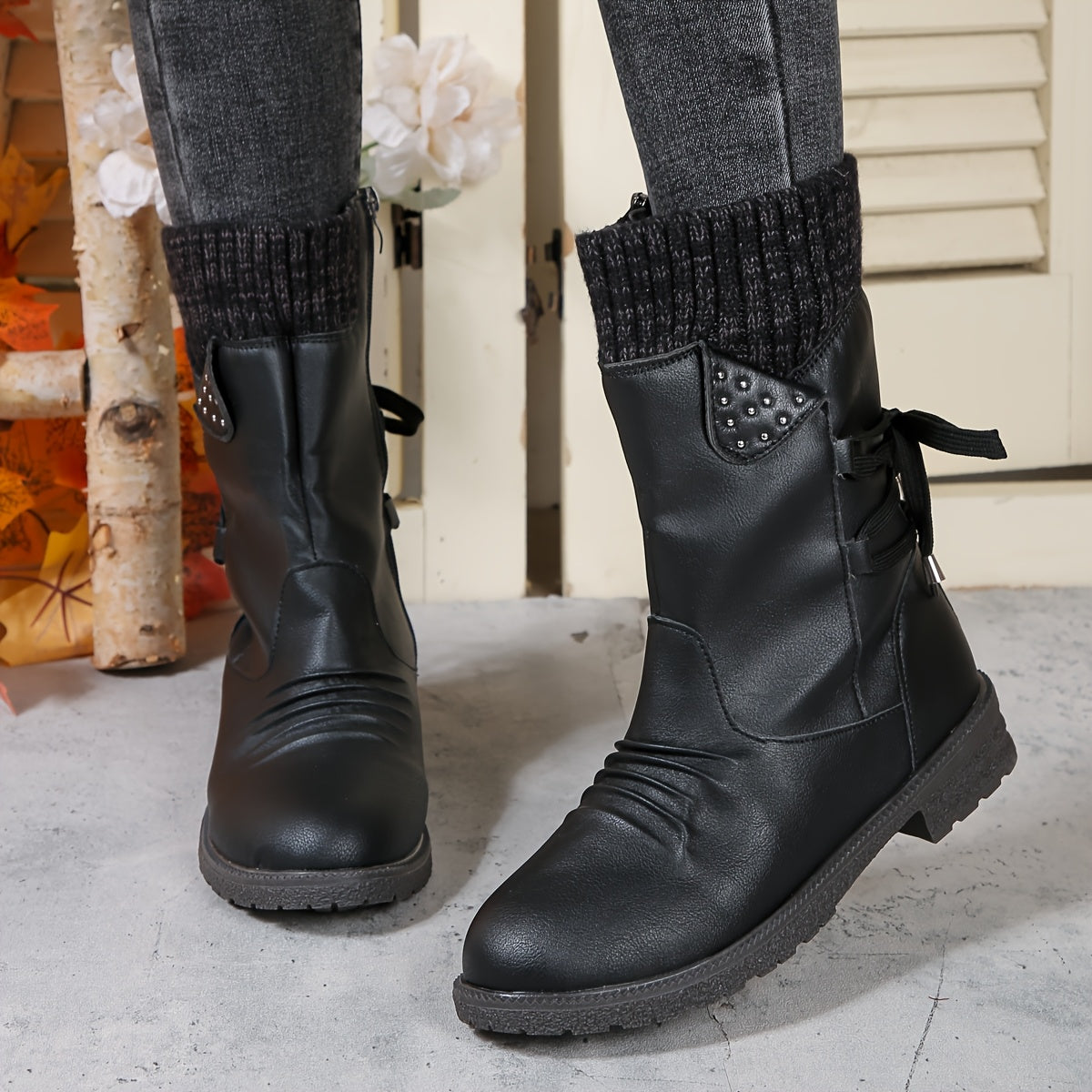 Women's Faux Cover Chunky Heel Ankle Boots with Zip Closure