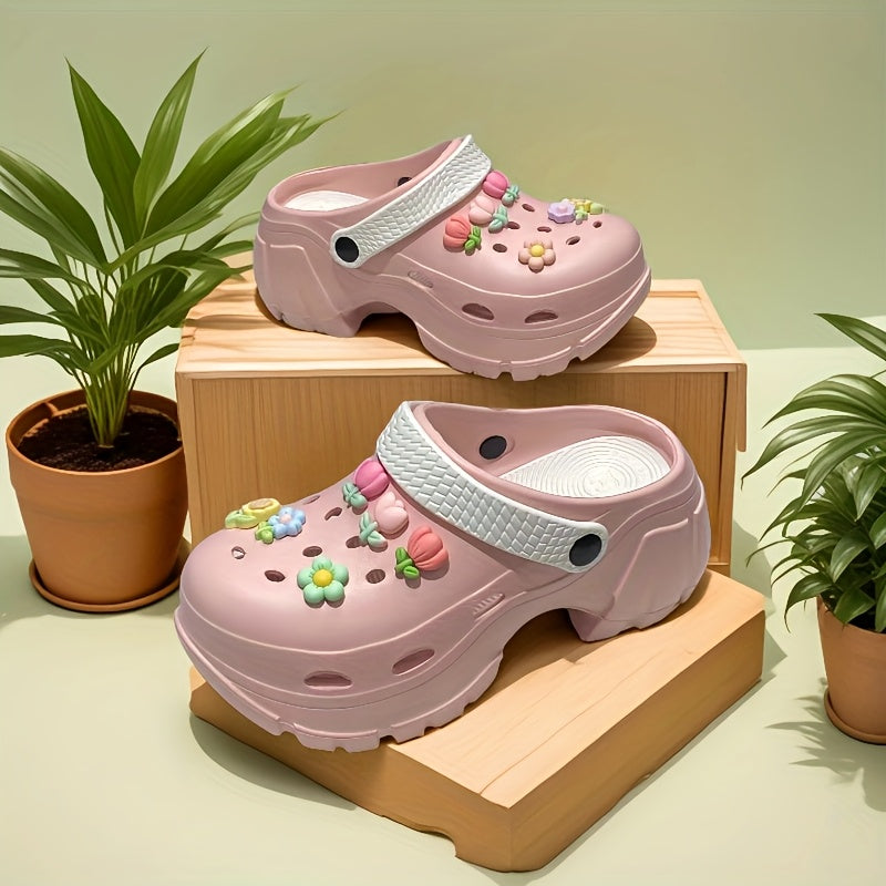 Women's Summer Plant-Themed Slip-On Shoes Pink White EVA Comfortable Casual