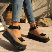 Women's Canvas Mary Jane Shoes with Platform Sole Adjustable Strap Black Beige