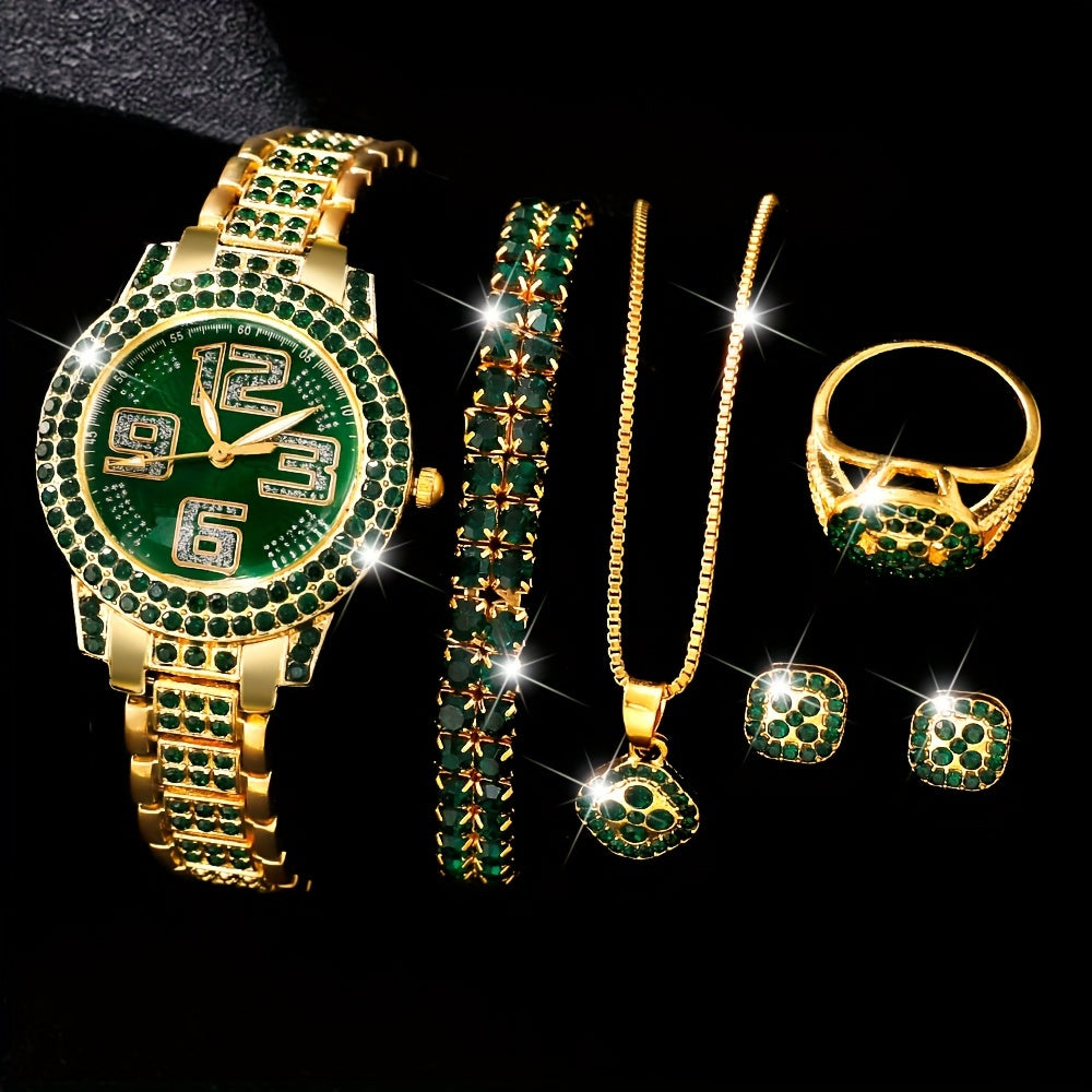 Ayollar modasi soati va zargarlik to'plami, yashil rhinestone, kvarts, an'anaviy, zanjirli taqinchoq, bilaguzuk, sirg'a, uzuk bilan