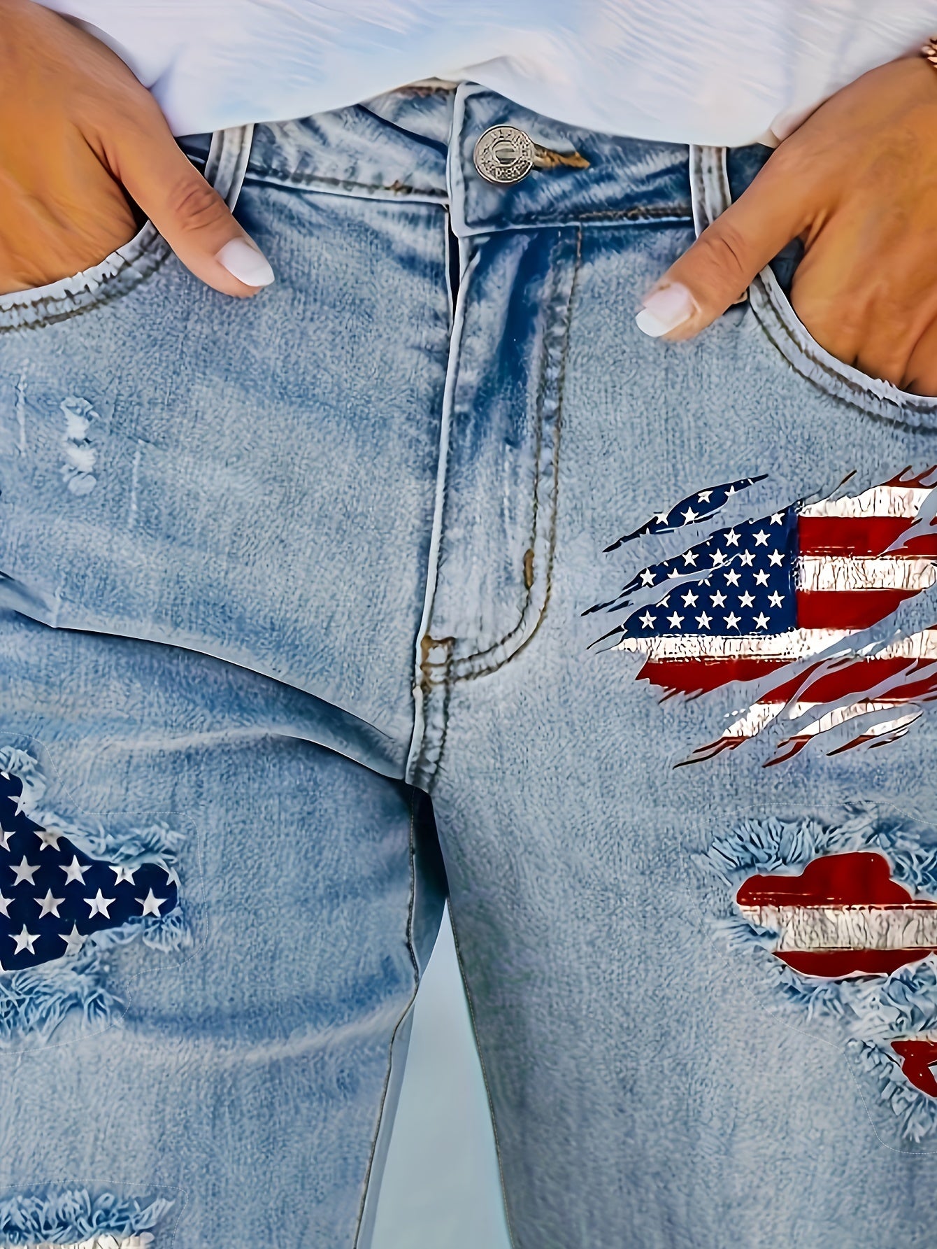 Women's Denim Bermuda Shorts High-Waisted Ripped Patchwork Plus Size