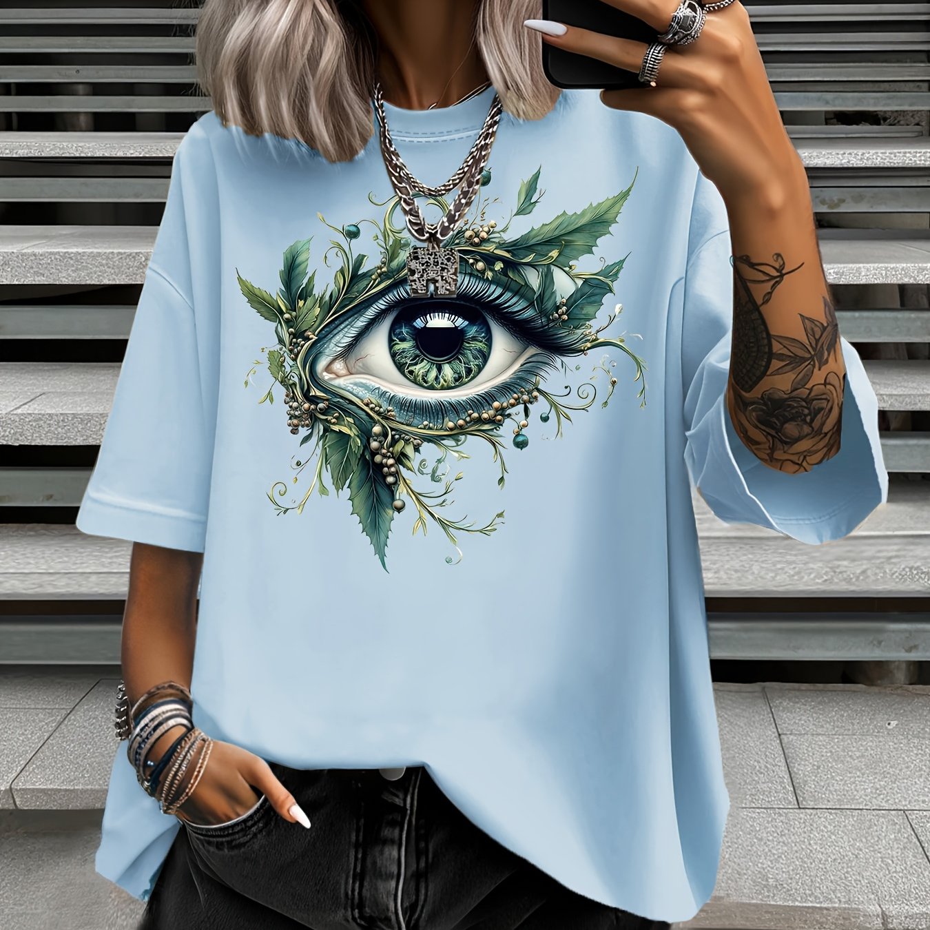 Women's Plus Size Nature-Inspired Eye Print T-Shirt Casual Short Sleeve Green Leaf
