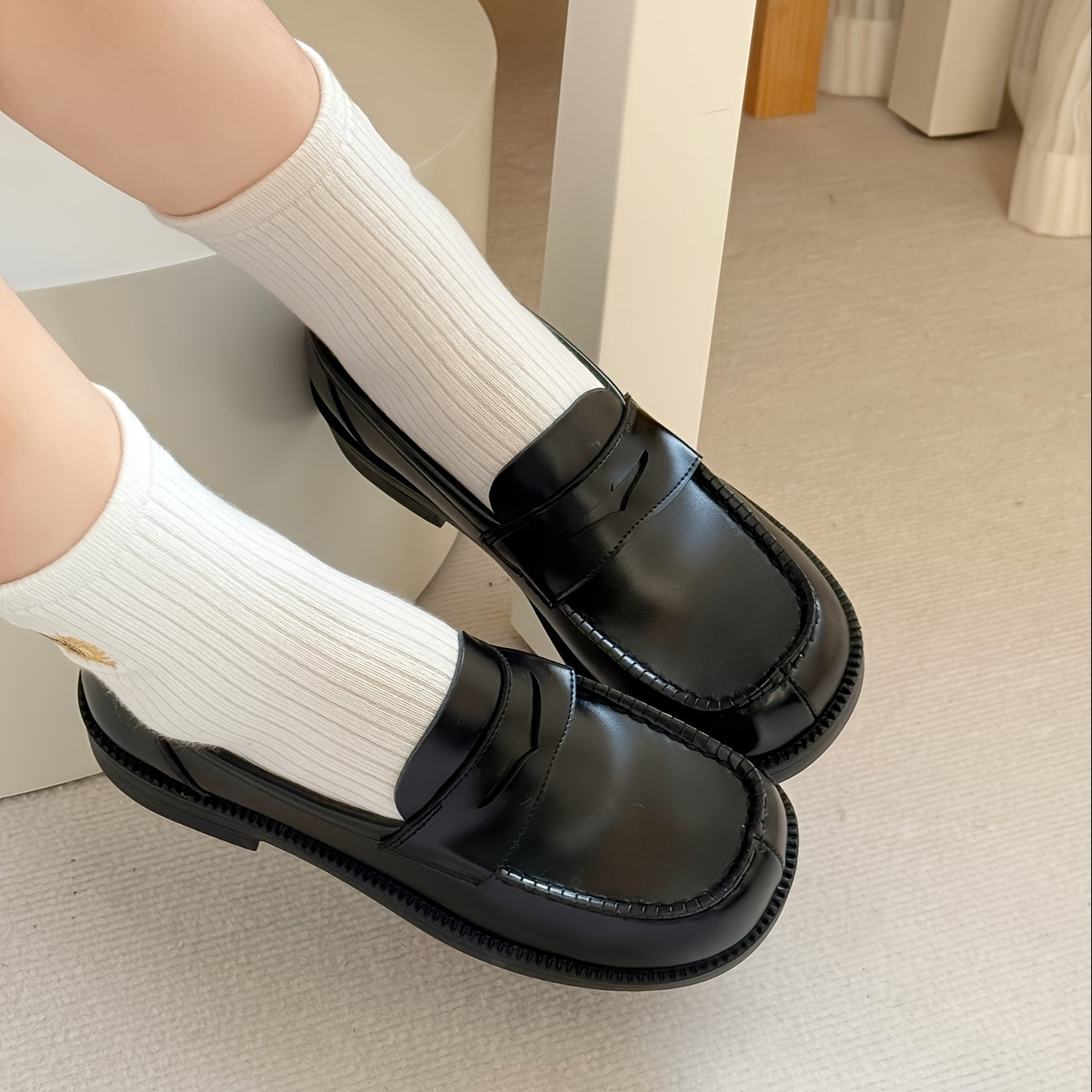 Women's Black PU Slip-On Loafers With Elastic Sides Casual Formal Shoes