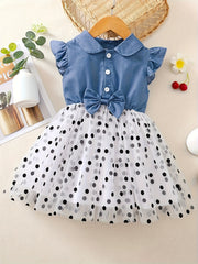 Girls Summer Cotton Dress with Polka Dots and Imitation Denim Print