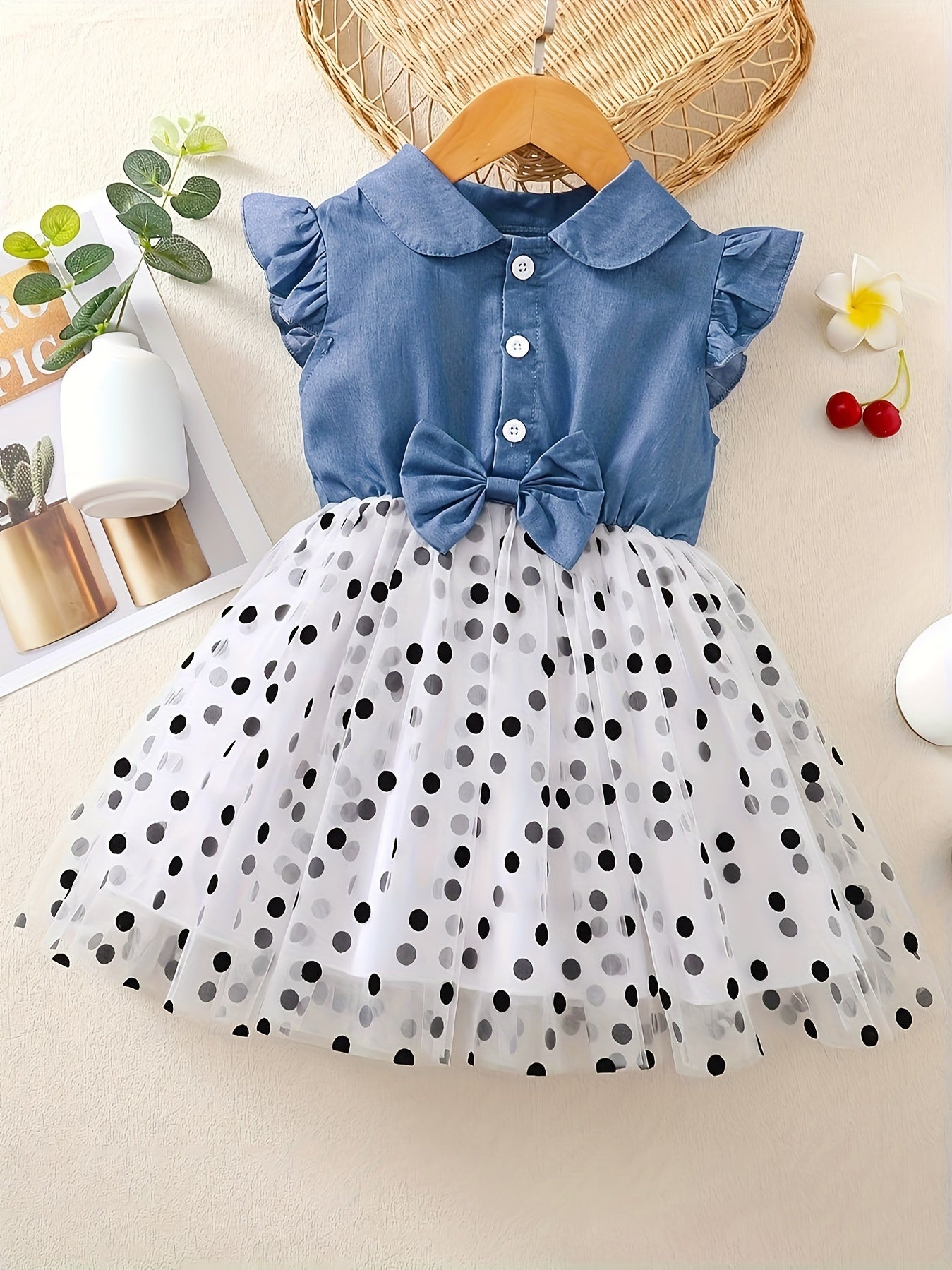 Girls Summer Cotton Dress with Polka Dots and Imitation Denim Print
