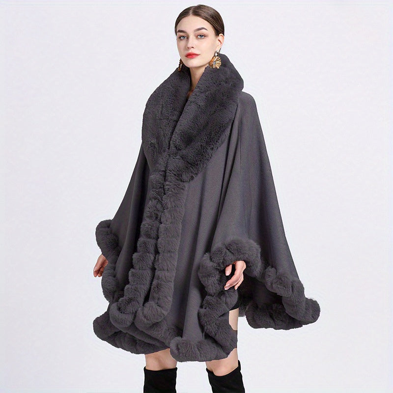 Women’s Warm Oversized Faux Fur Collar Cardigan Cape Autumn Winter Windproof Shawl
