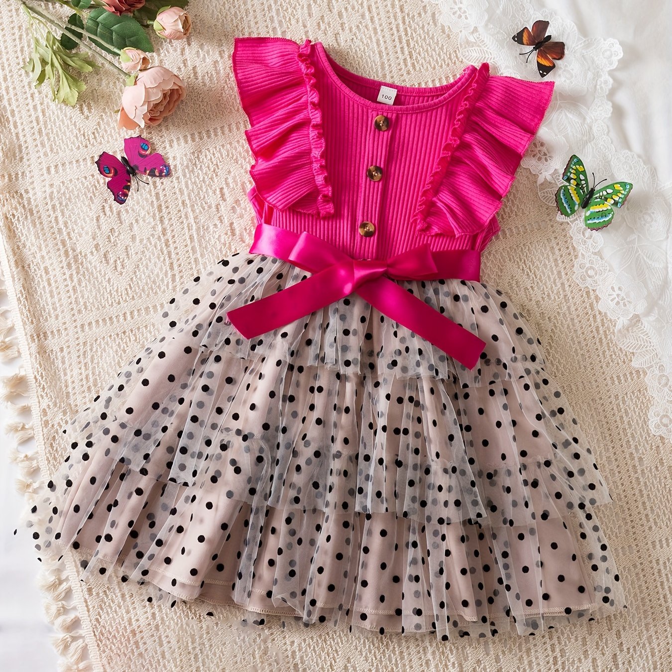 Girls Tutu Dress Summer Polka Dot Fitted Mesh Button Design Casual Age 12 and Under
