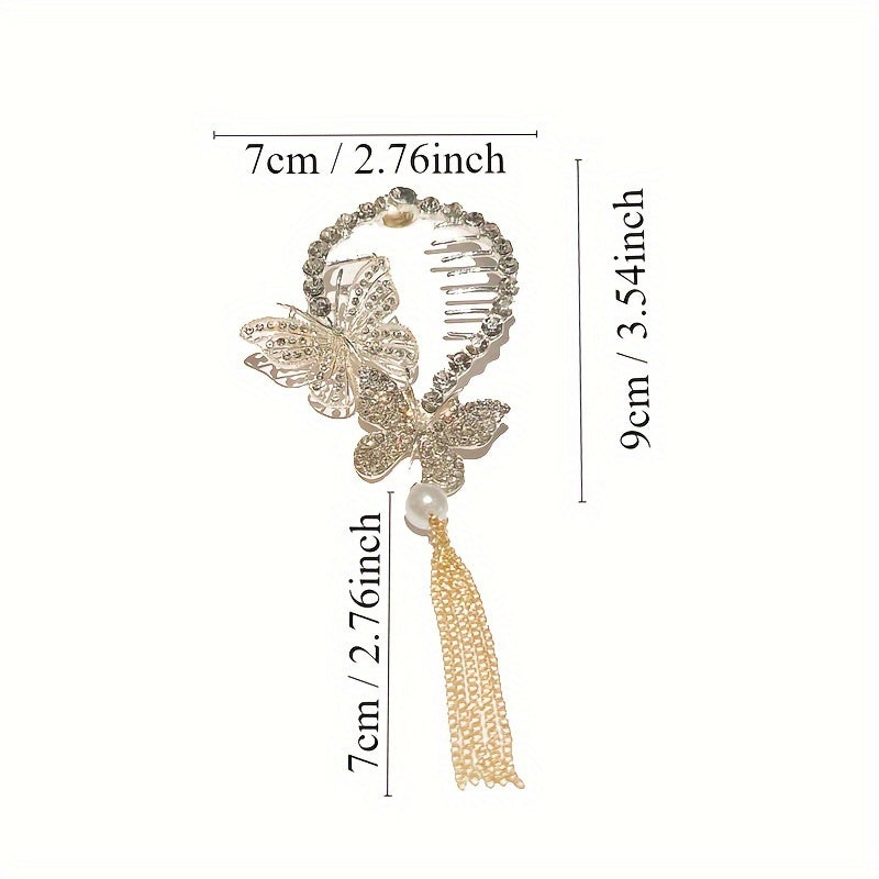 Zargarlik toshlari va marvaridlar bilan bezatilgan oltin kapalak soch qisqichi, ayollar uchun tassel ponytail ushlagichi, partiyalar uchun mukammal.