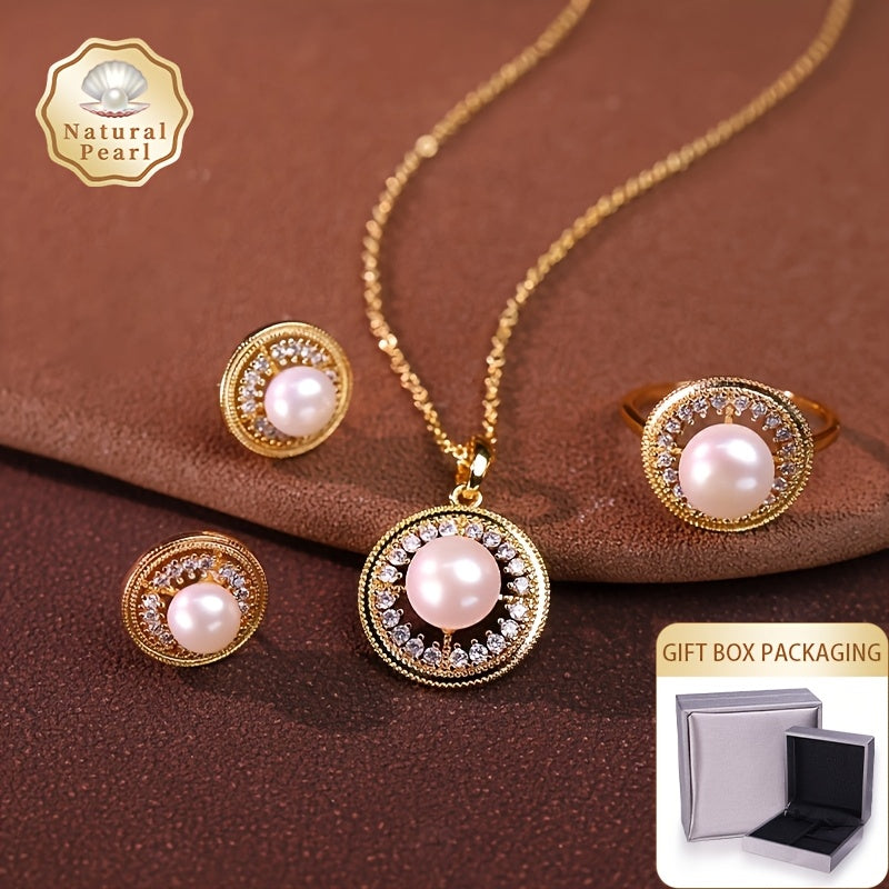 Women’s Freshwater Pearl Jewelry Set Necklace Earrings Ring Gift Box