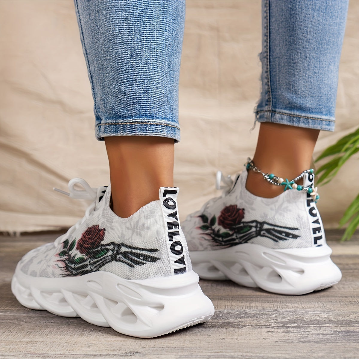 Zapatillas de plataforma con patrón de flores para mujer, transpirables, de punto, con cordones, para exteriores