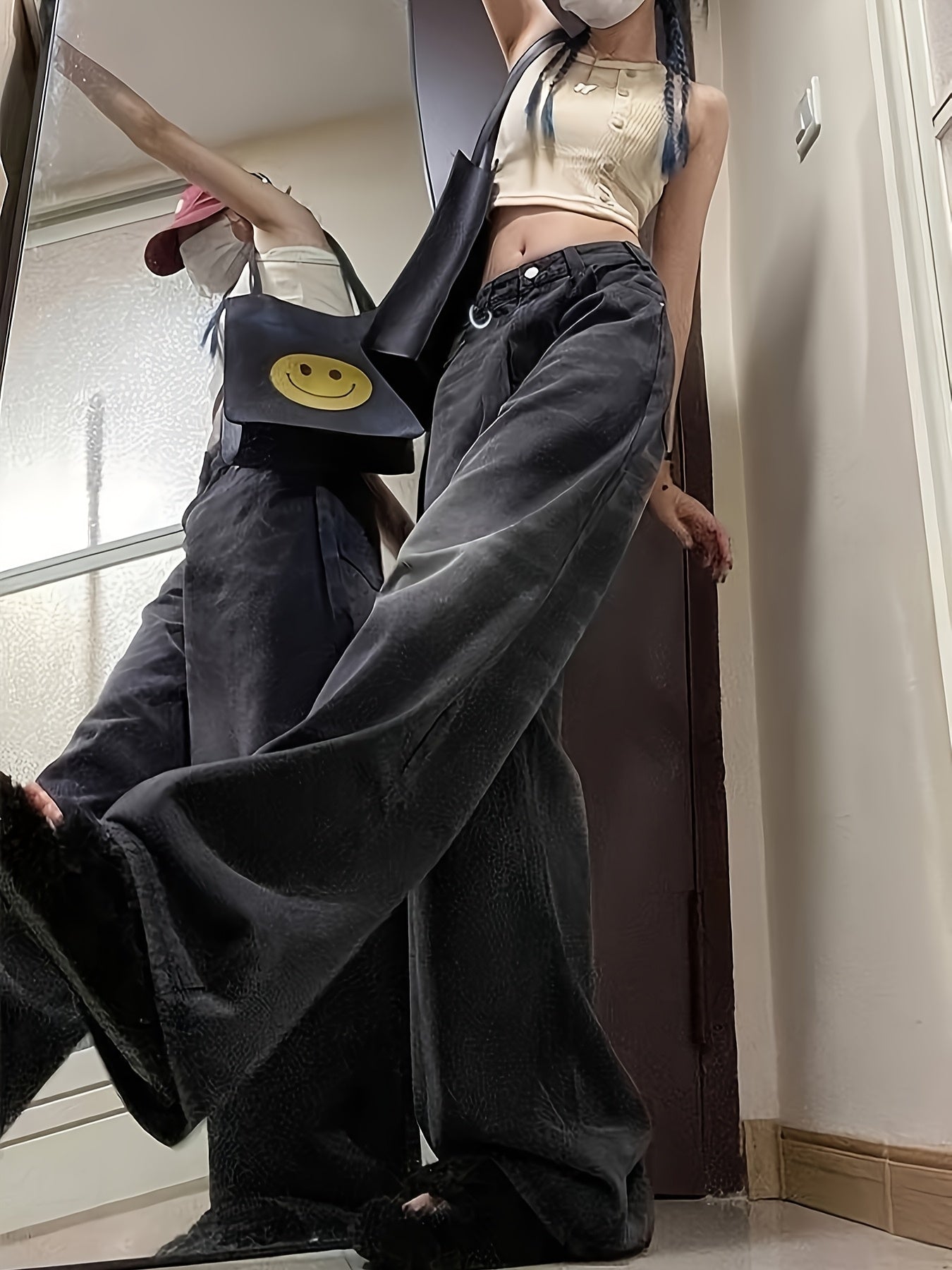 Ayollar uchun keng bo'yinli jinsilar, kundalik, qora, kulrang, yuqori bel, denim shimlar