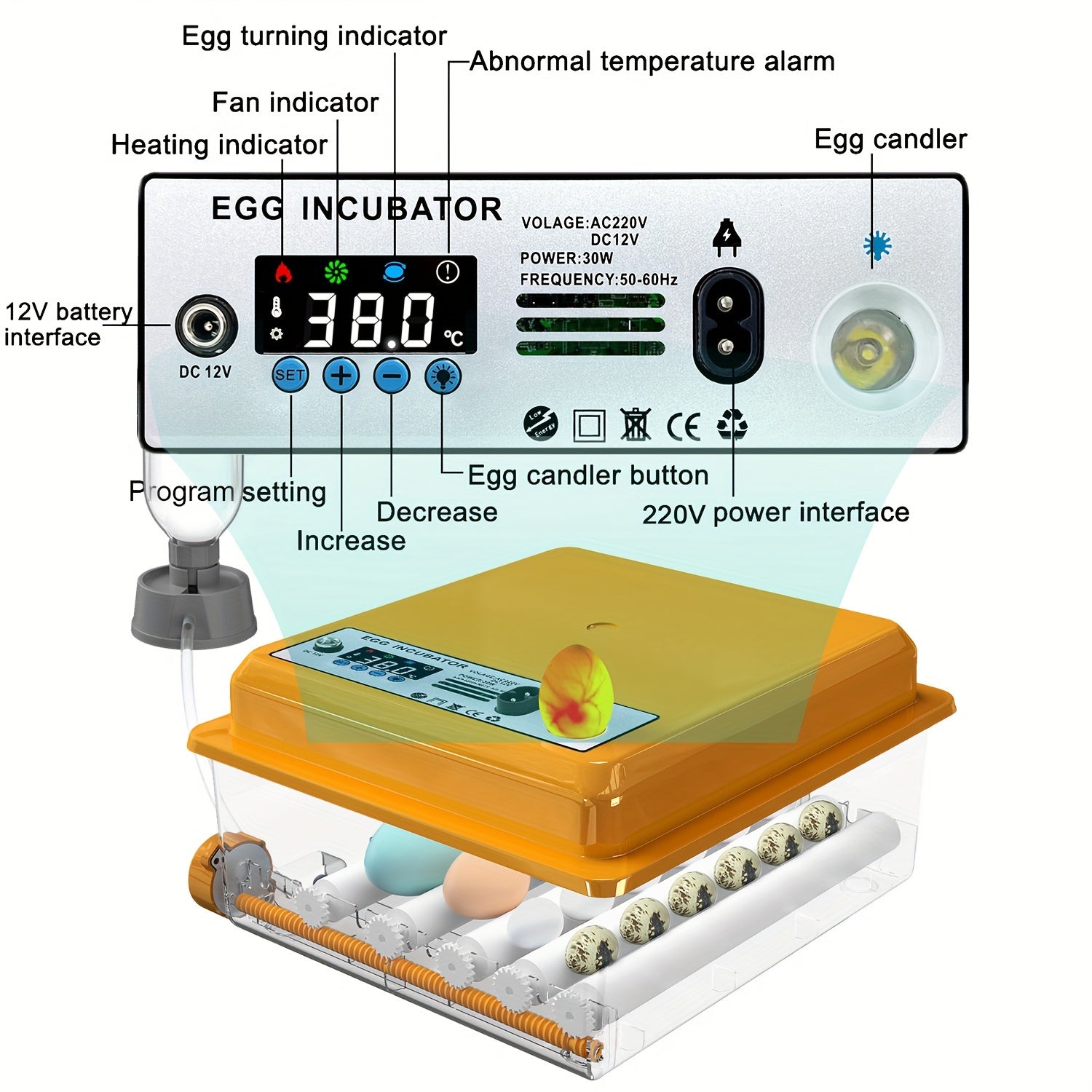16-Egg Incubator Transparent Orange LED Automatic Water Filling for Duck Quail Goose Pigeon Eggs