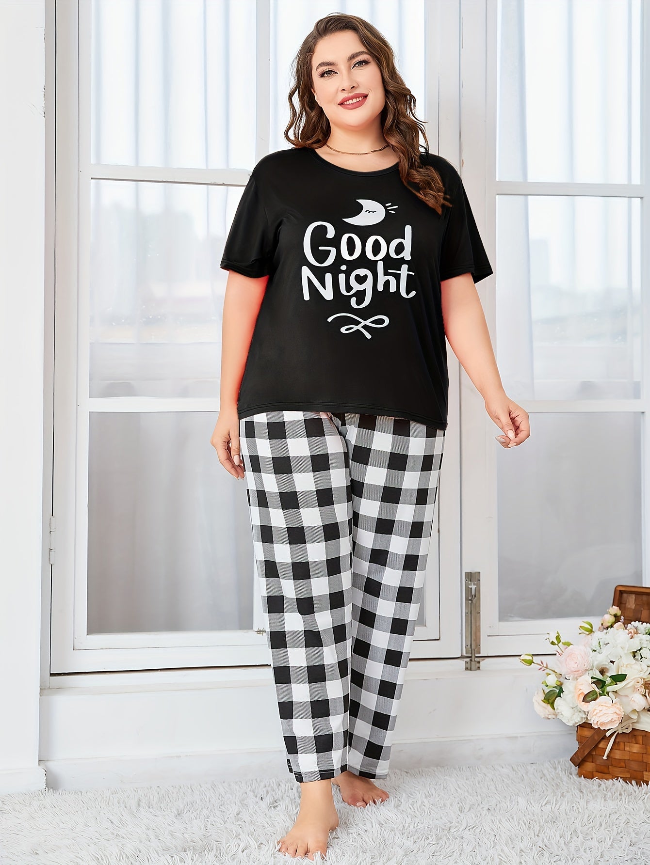 Plus Size Casual Loungewear Set Women's Short Sleeve Top Gingham Pants