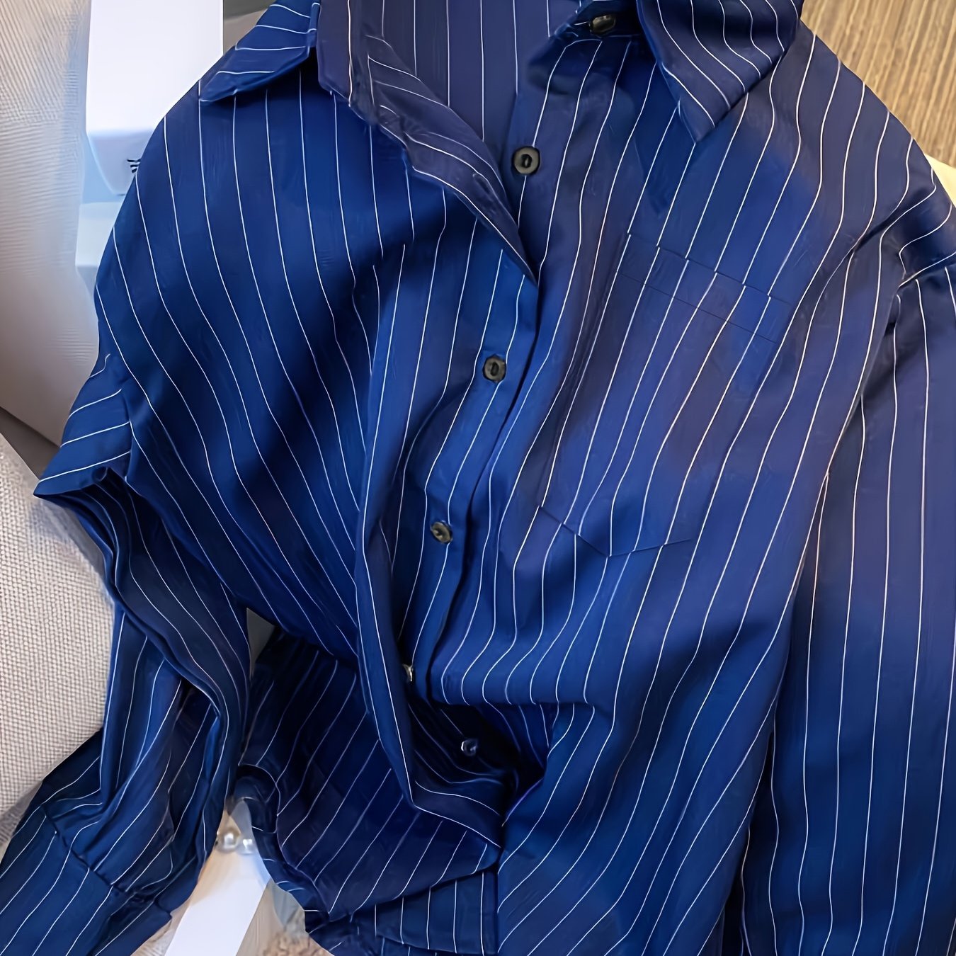 Women's Long Sleeve Striped Shirt Made from 100% Polyester with Lapel Collar and Button-Up Design