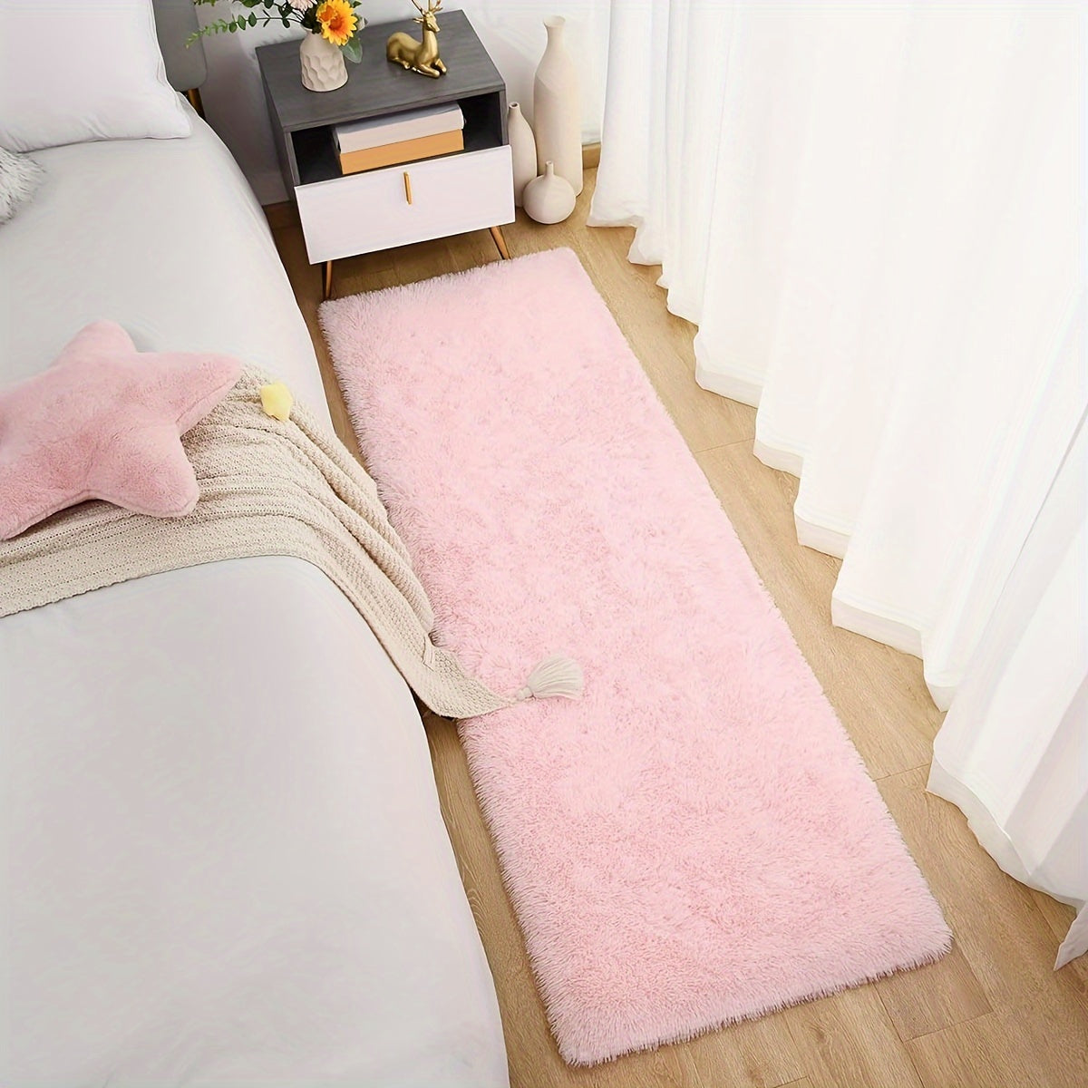Alfombra de área rosa peluda suave, absorbente y antideslizante para dormitorio y sala de estar