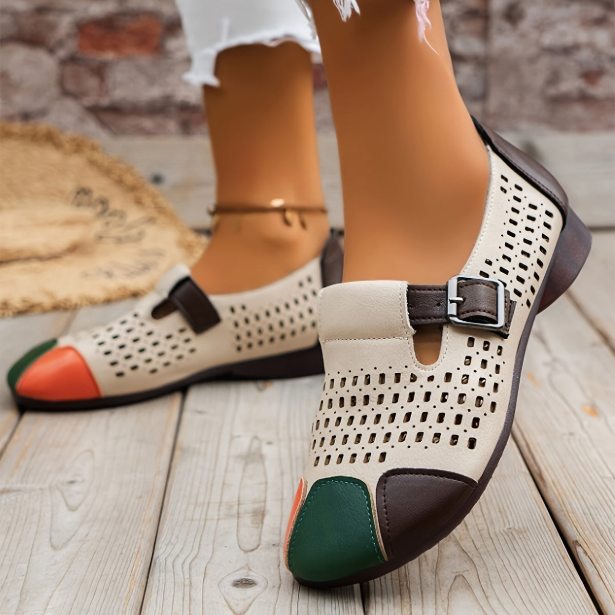 Zapatos planos retro de color block beige para mujer para uso diario en todas las estaciones