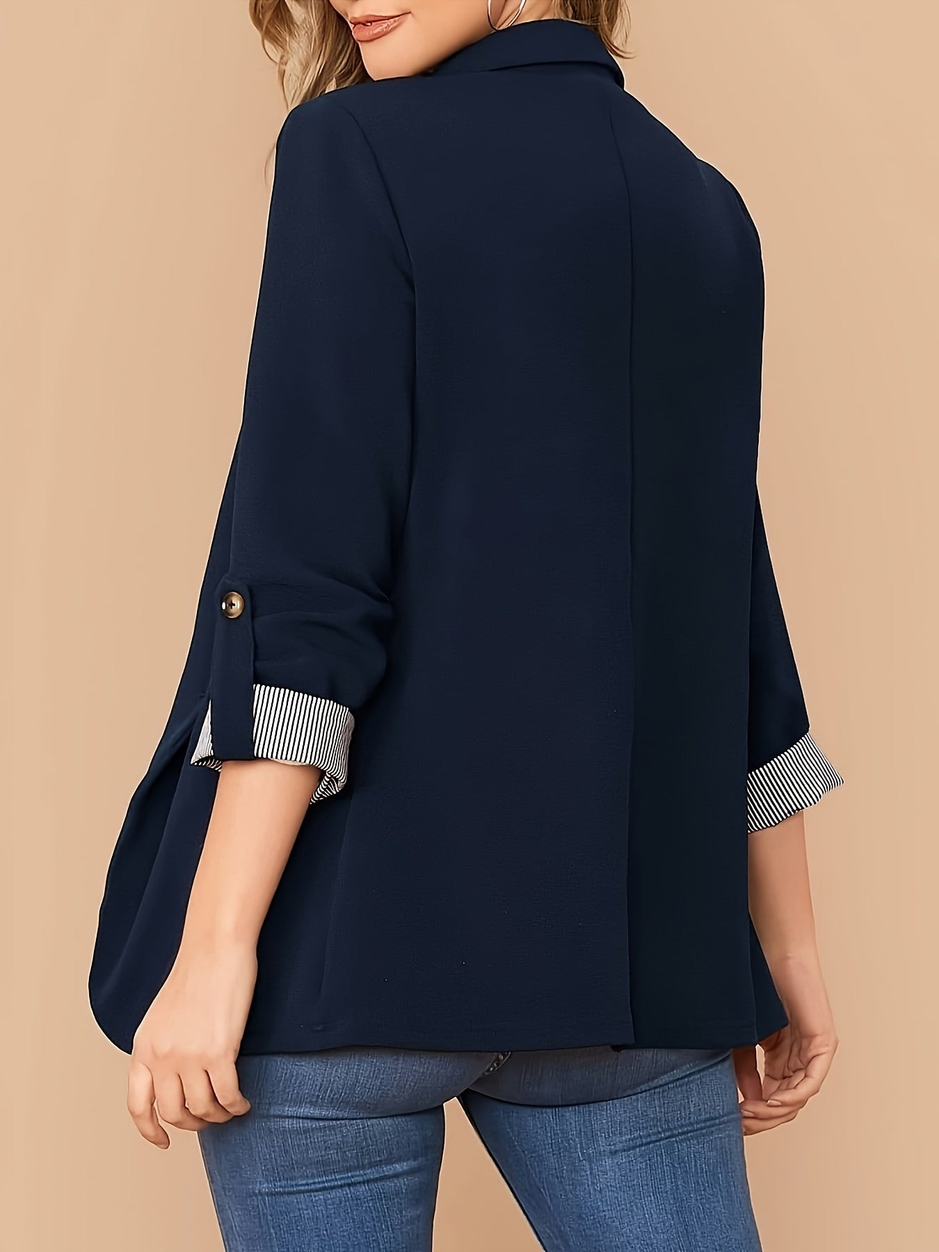 Women's Striped Knit Blazer with Lapel Collar and Color Block Details for Spring Fall