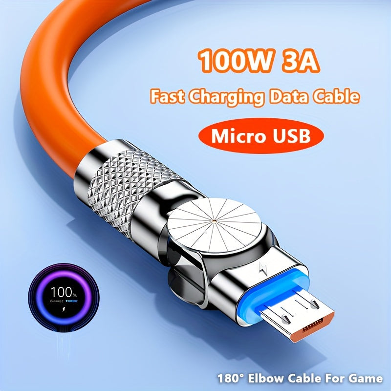 100W 3A Micro USB Fast Charging Data Cable Liquid Silicone Elbow 180° for Android Phones