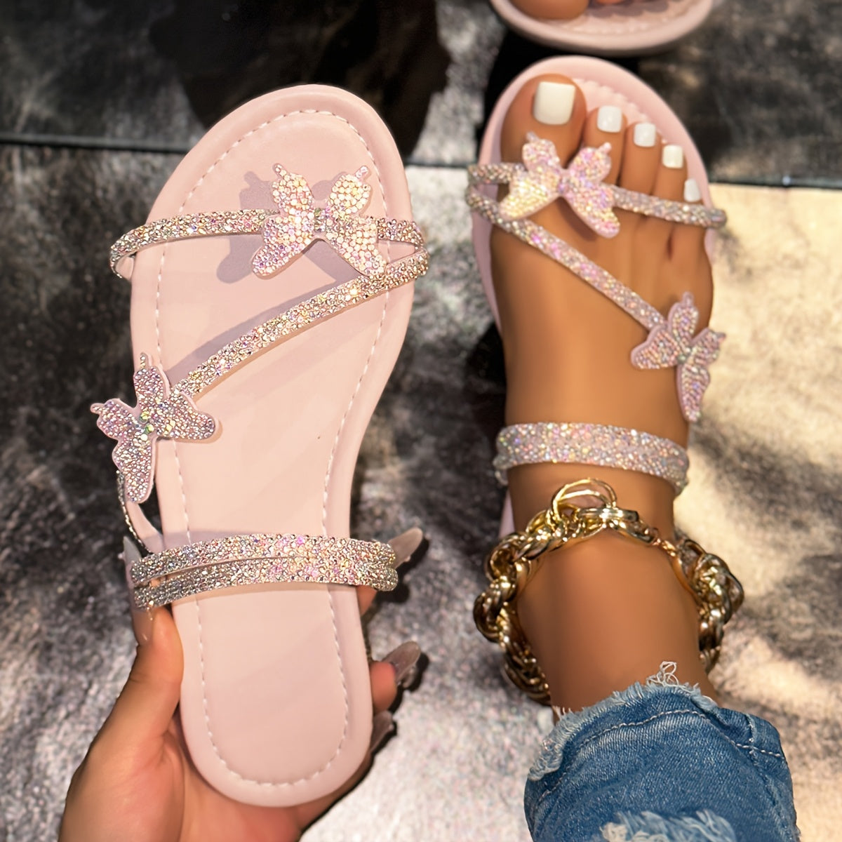 Women's Rhinestone Butterfly Flat Sandals Pink White Summer Wedding Shoes