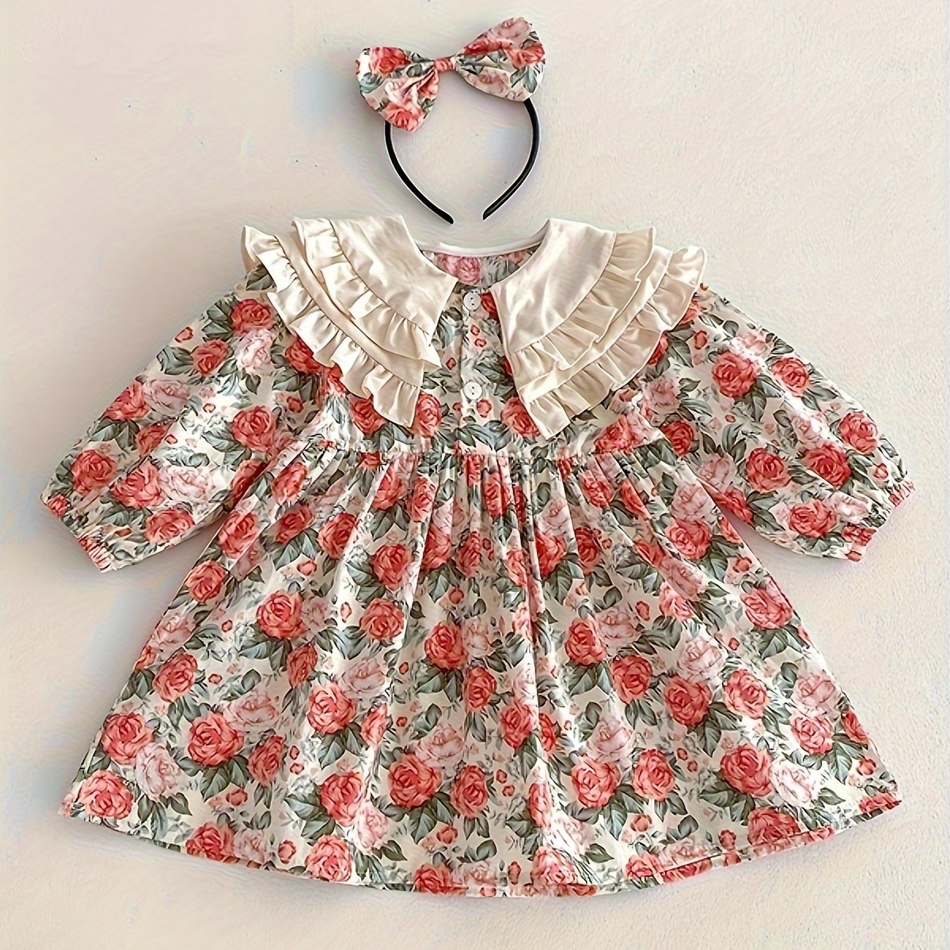 Girls Floral Cotton Dress with Ruffled Collar and Matching Headband for Newborns to Toddlers Spring Fall