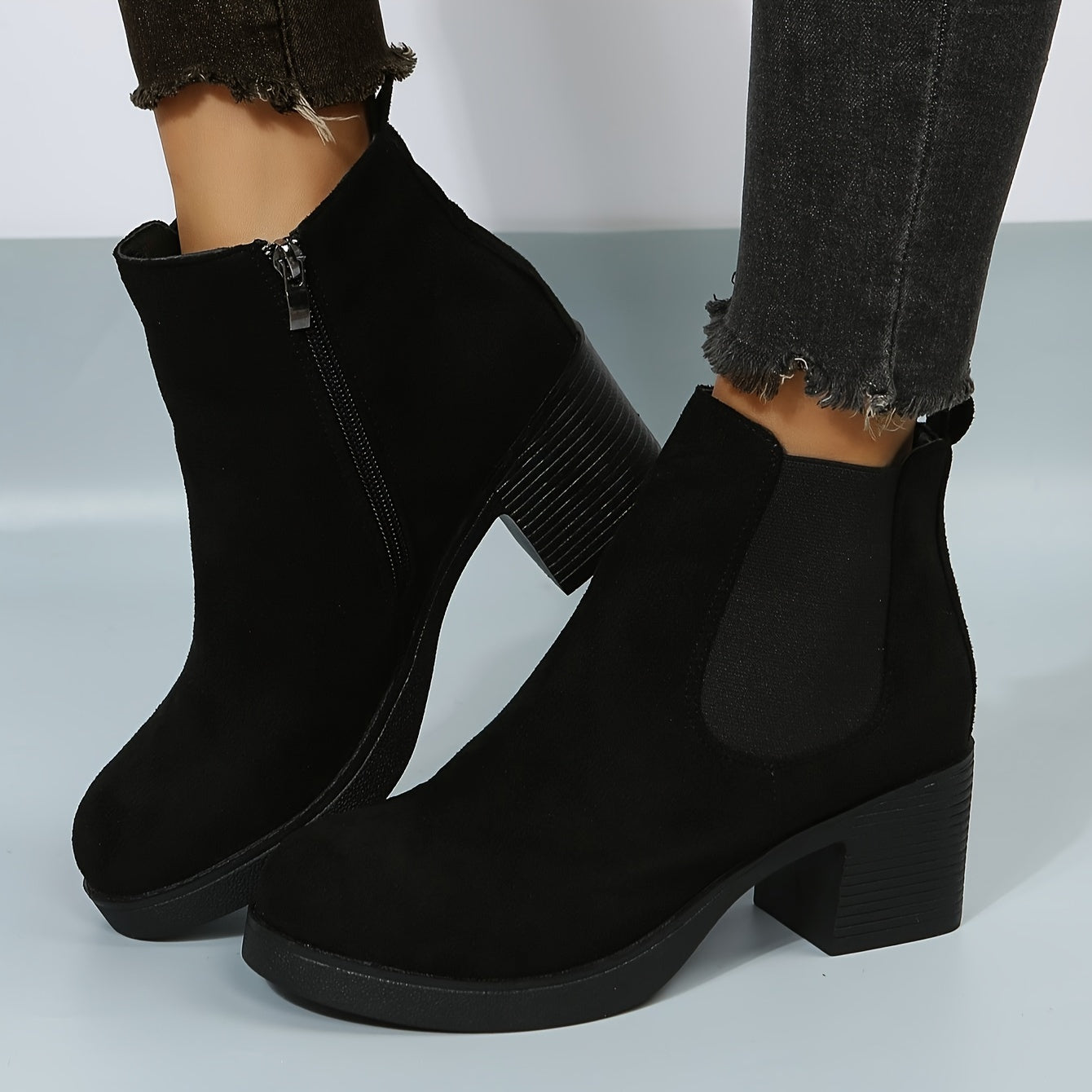 Women's Deer Chunky Heel Ankle Boots Black Non-Slip Warm Lined Short Boots