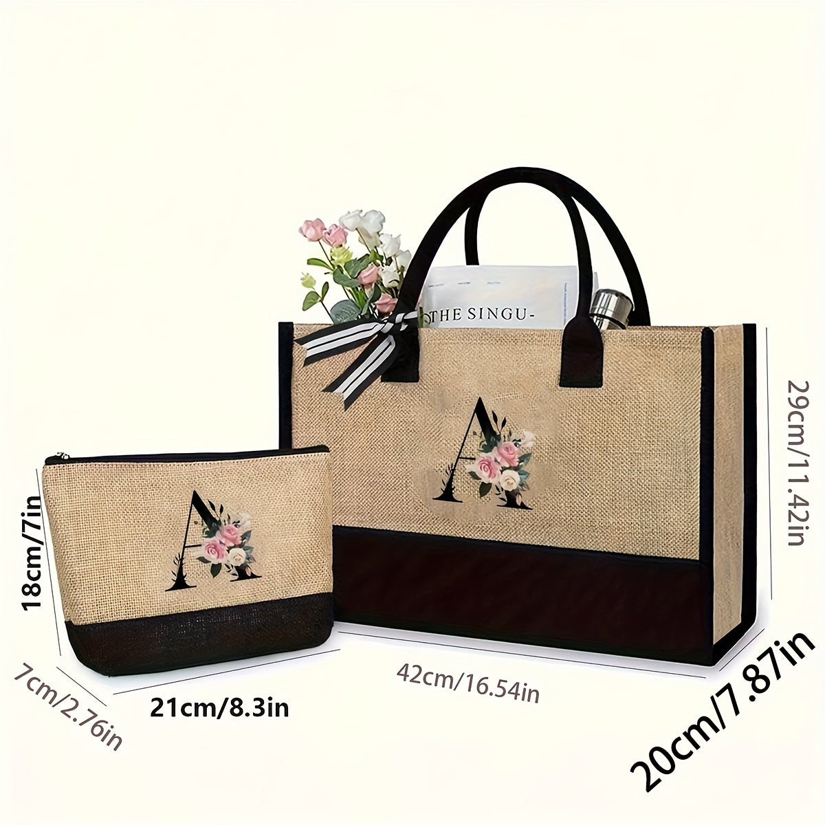 Zamonaviy 2-qismli kanvas to'plam va makiyaj sumkasi - to'ylar, tug'ilgan kunlar, plyaj va maktab uchun ajoyib. Ayollar, onalar, o'qituvchilar, do'stlar va kelinlar uchun mukammal sovg'a.