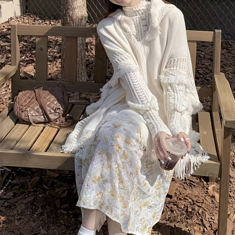 White Bohemian Style Fringed Hooded Poncho for Women Knitted Sweater Casual Shawl