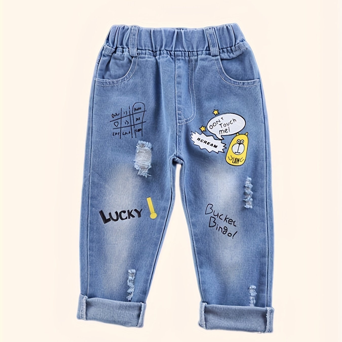 Boys Ripped Denim Jeans All-Season Cartoon Pattern Elastic Waist Straight Fit