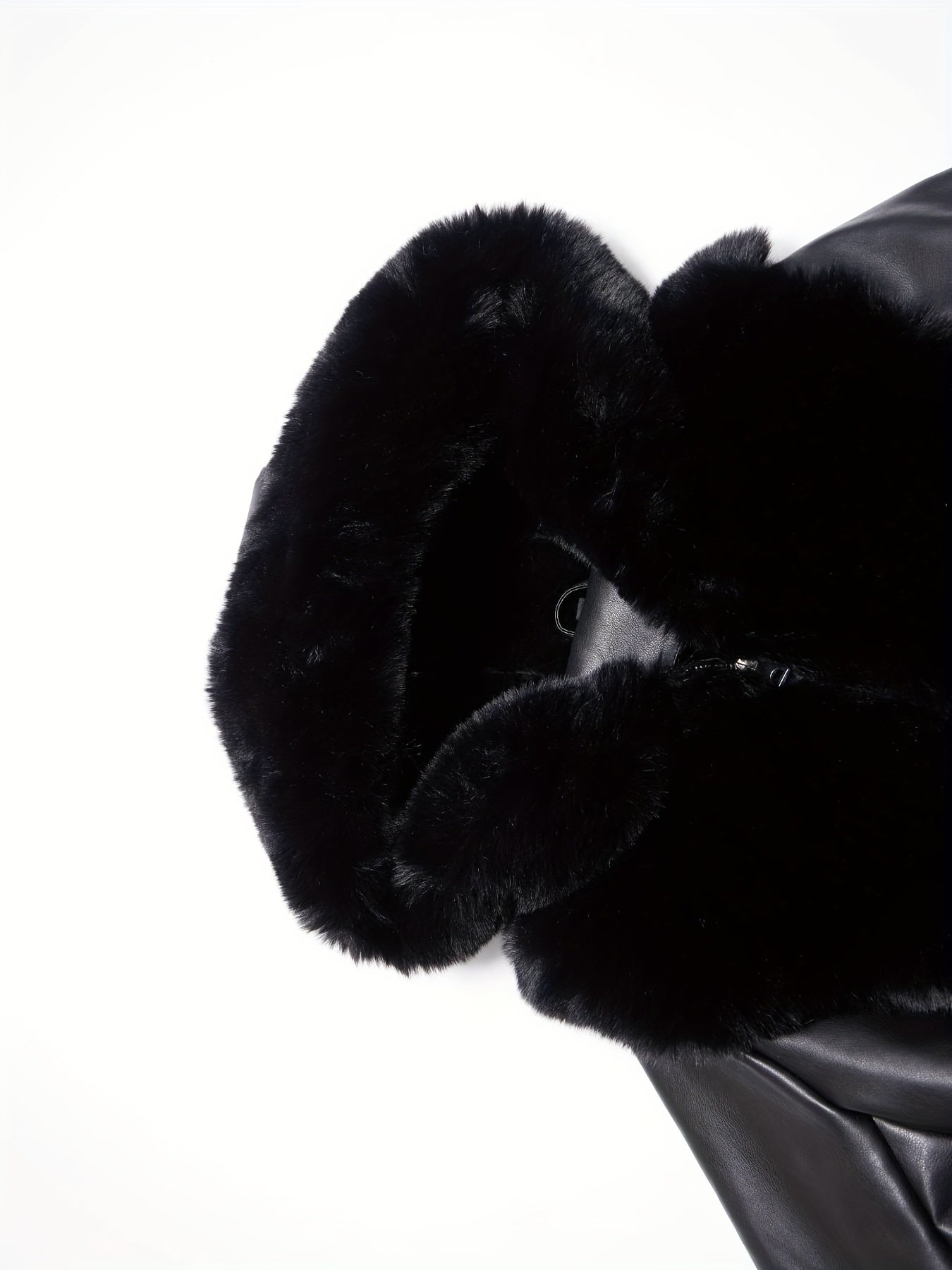 Women's Black Faux Fur Trim PU Leather Jacket with Hood Belt for Fall Winter