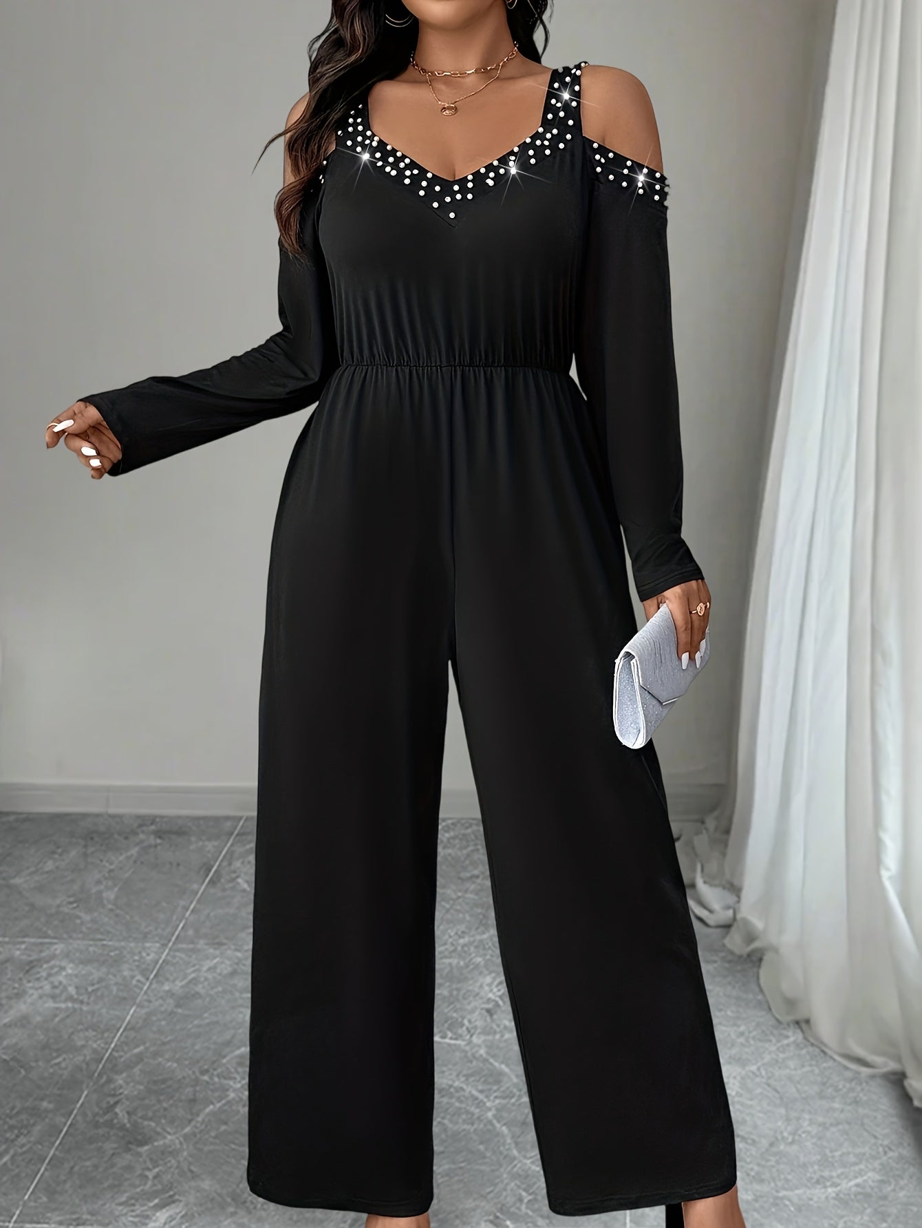 Plus Size Solid Cold Shoulder Jumpsuit Beaded Cinched Waist Women