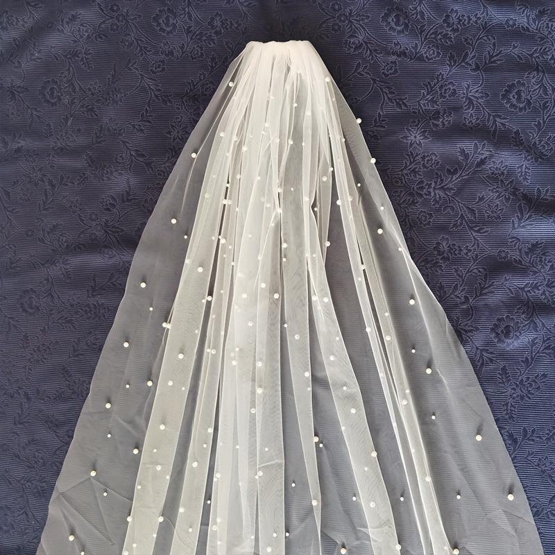 White Long Tulle Wedding Veil with Faux Pearl Accents for Bride