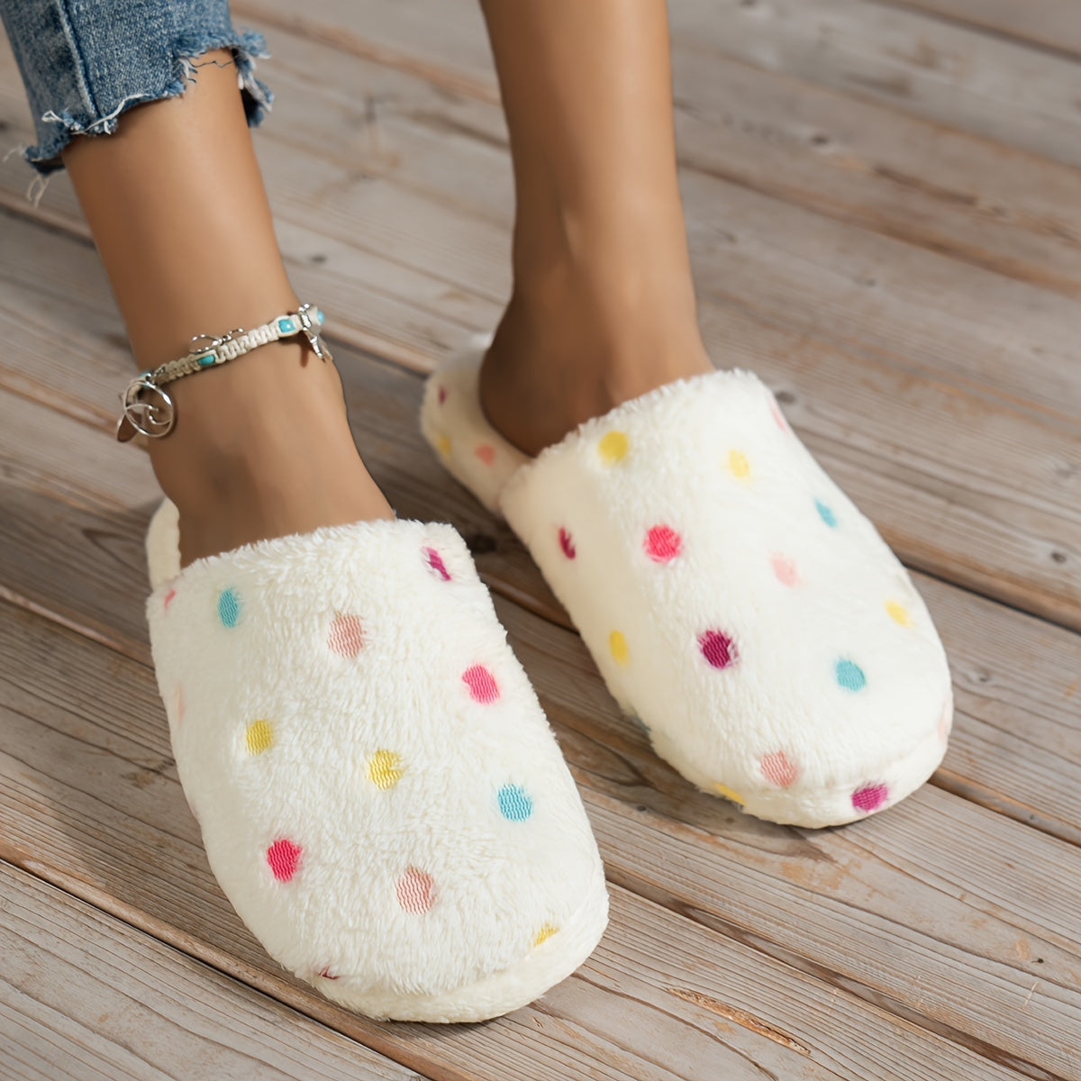 Women Colorful Polka Dot Plush Indoor Slippers Unisex Washable Comfortable