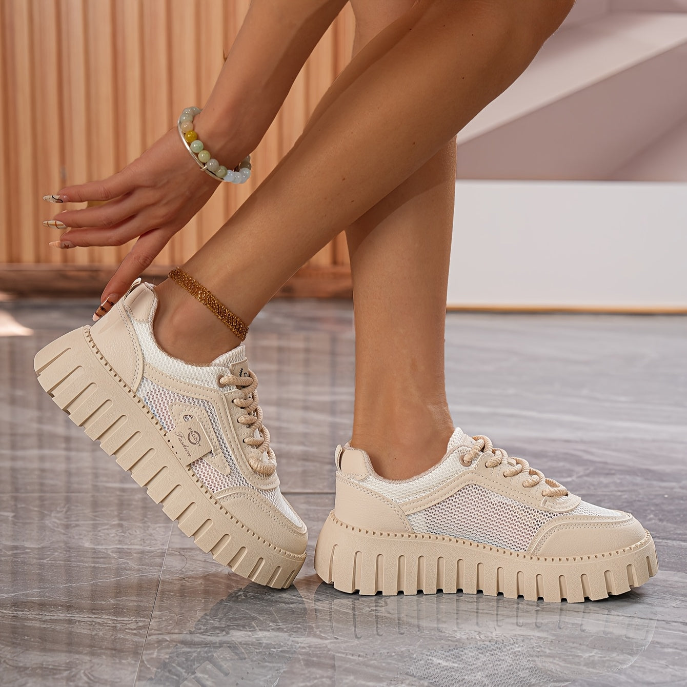 Women's Mesh Platform Sneakers White Cushioned Rubber Sole Summer Casual Shoes