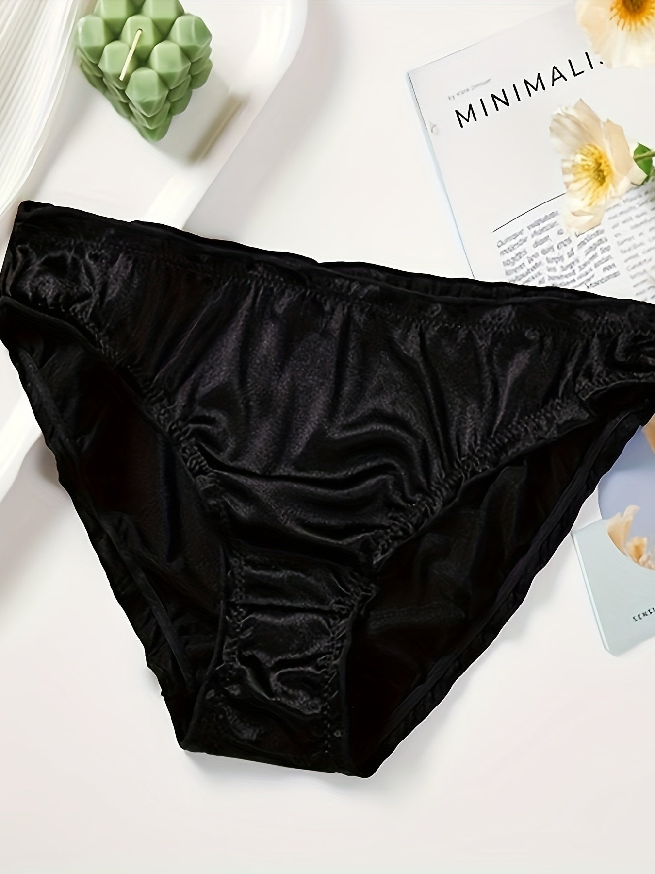 Bragas negras de satén para mujer, de tiro bajo y con fruncido, ropa interior elástica de nylon