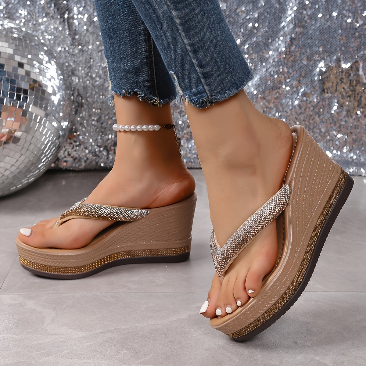 Women's White Rhinestone Platform Sandals Slip-On High Heel Split Toe Casual