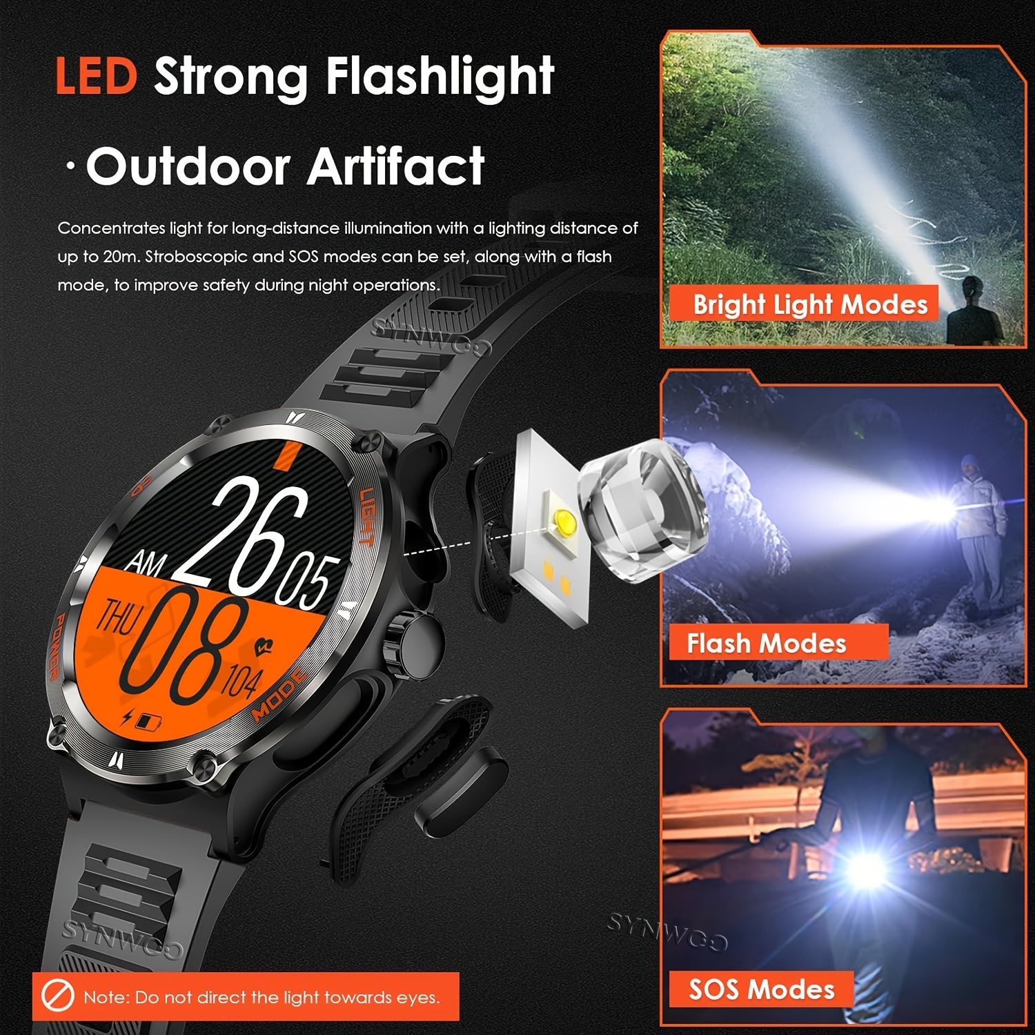 Smartwatch for Men and Women with LED Flashlight 3.89cm Display Fitness Sleep Tracker Waterproof
