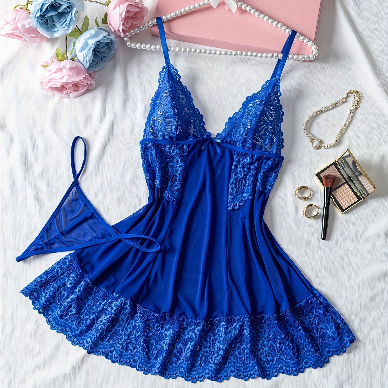 Women’s Blue Lace Sheer Nightgown Set Halter Backless Sleepwear Polyester Knit