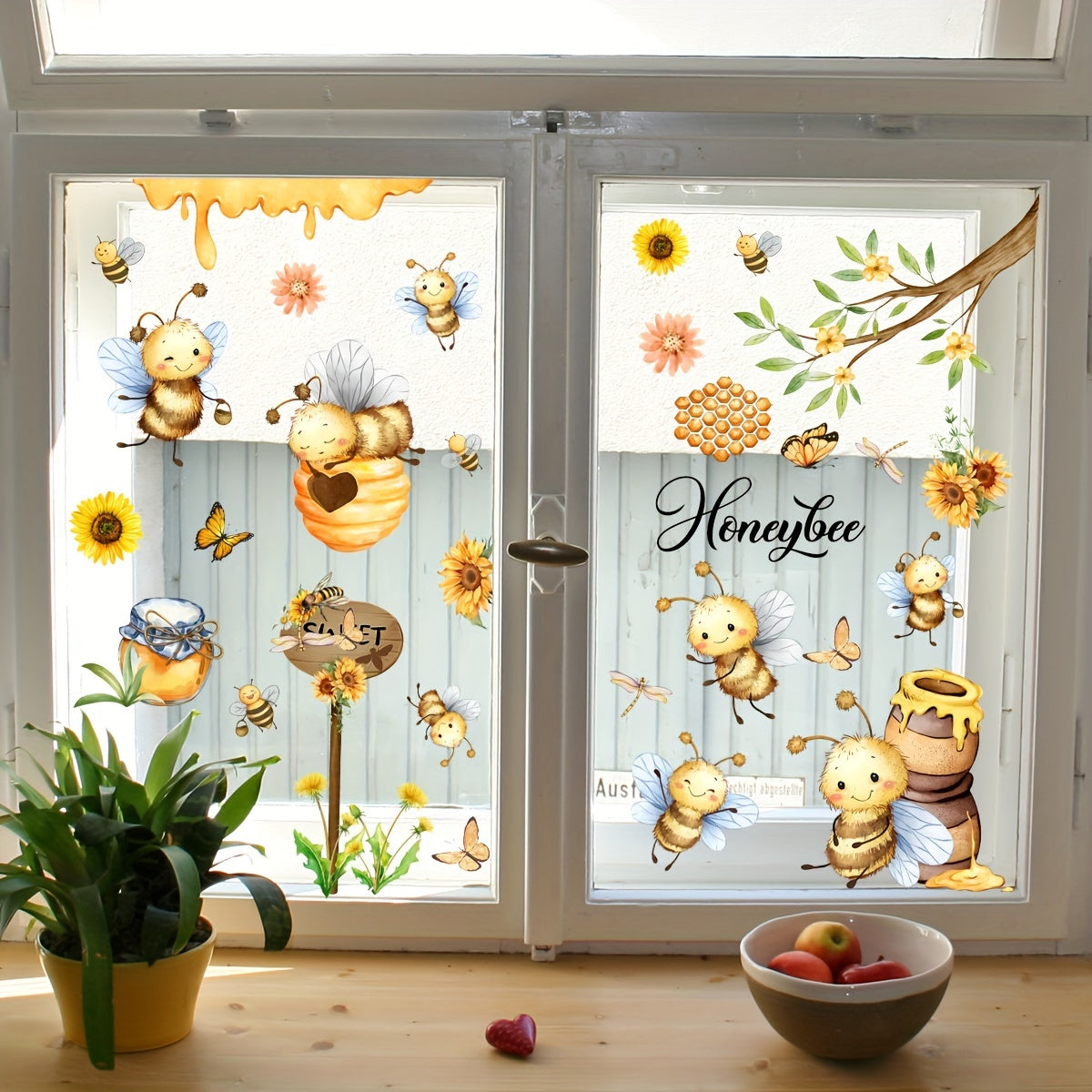 Juego de decoraciones de primavera de 3 piezas 20x30cm Abeja Tarro de miel Mariposa Girasol Pegatinas para ventanas