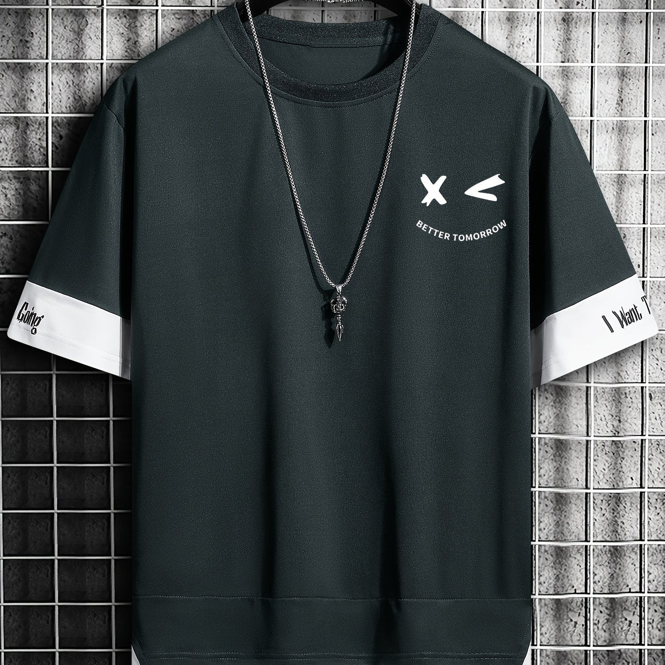 Men's Color-Blocked Short Sleeve T-Shirt with Letter Print Faux Two-Piece Summer Casual