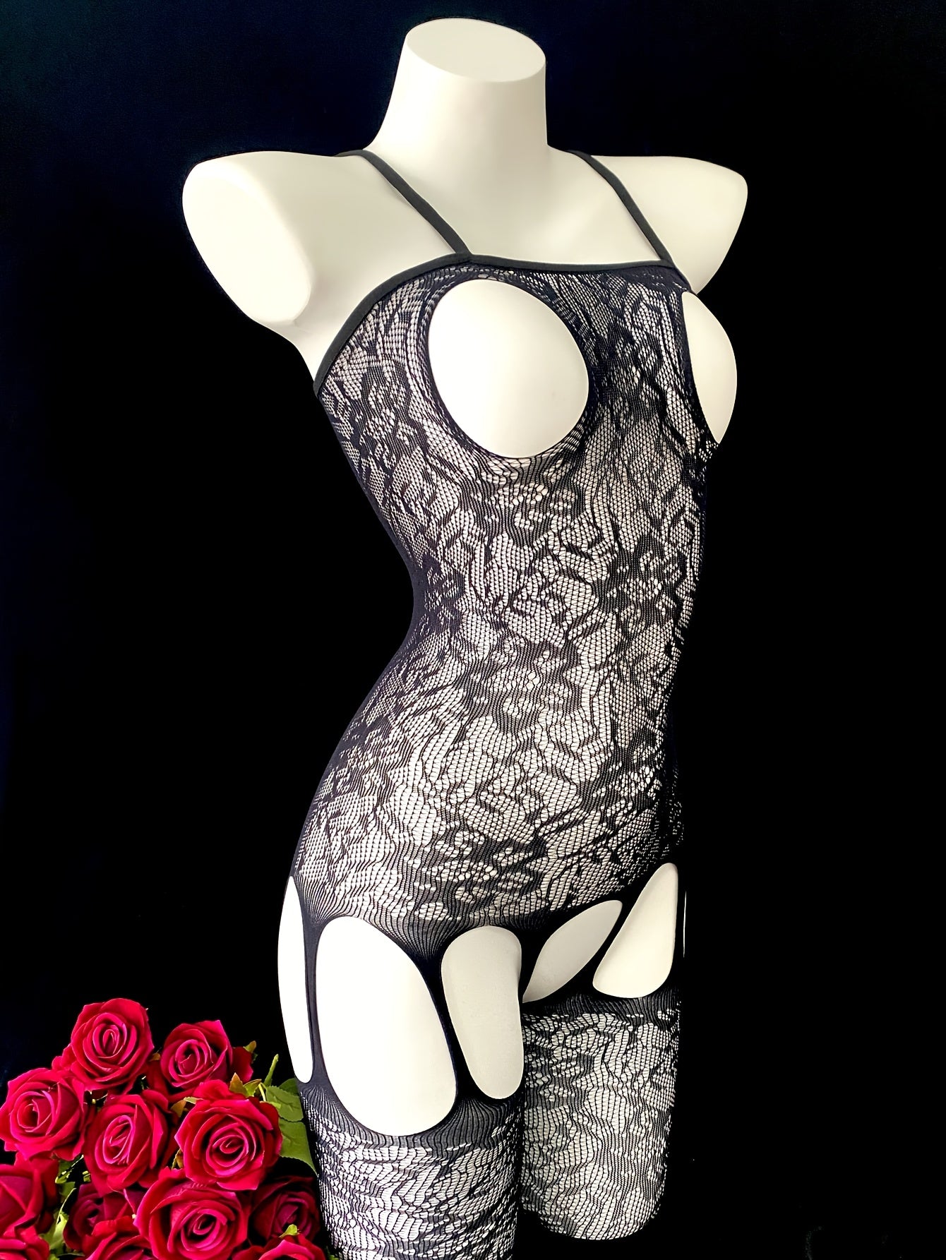 Women’s Lace Bodystocking Set with Open Bust and Fishnet Design