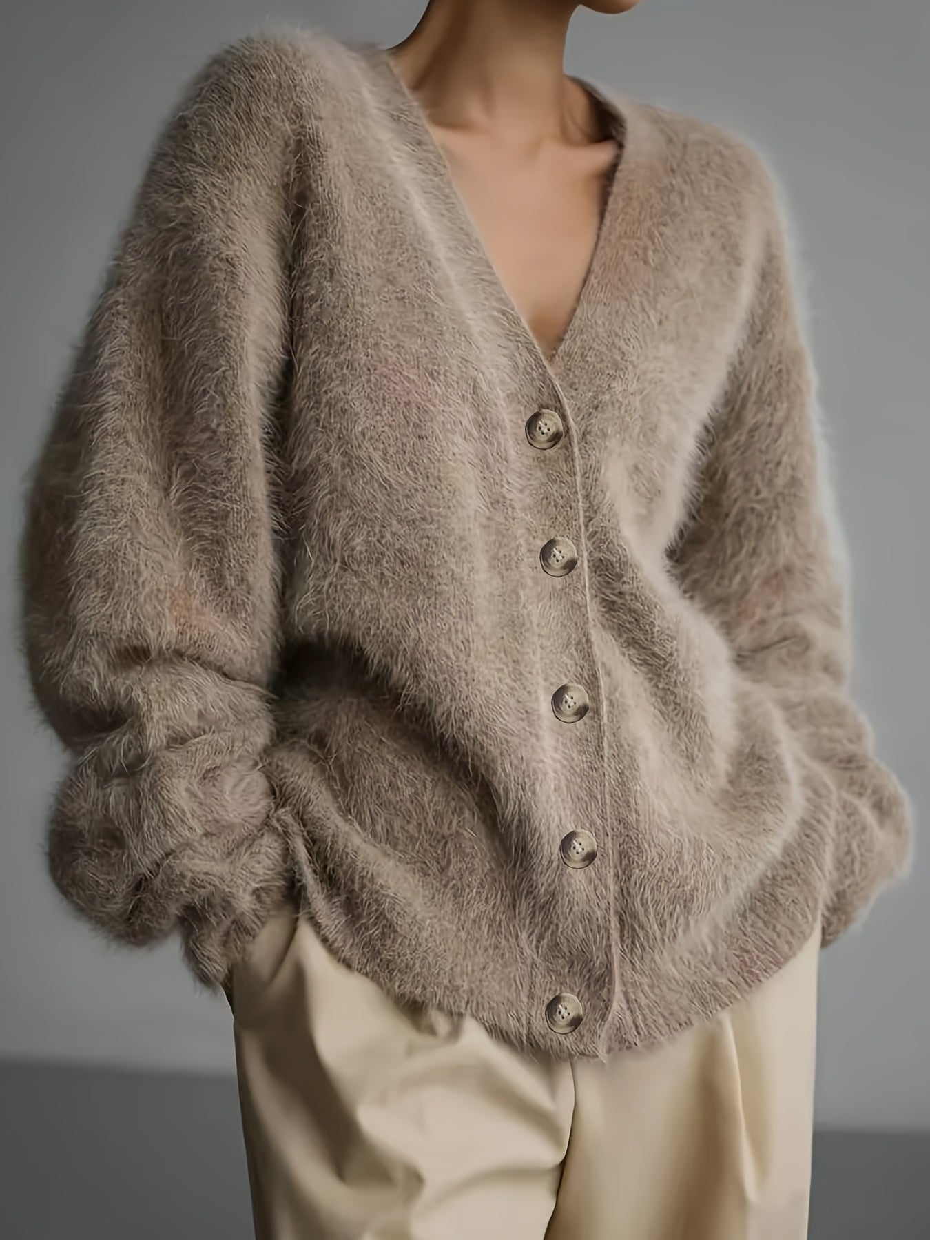 Plus Size Women's Cardigan Long Sleeve Open Front Beige Fall Winter Sweater