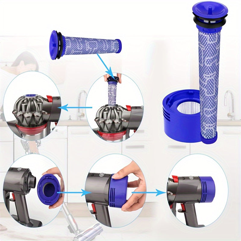 V7 V8 simsiz tayoqli changyutgichlar uchun almashtirish to'plami 3 ta old filtr, 3 ta keyingi filtr va tozalash vositasini o'z ichiga oladi. Changyutgich qismlari #965661-01 va 967478-01 bilan mos keladi.