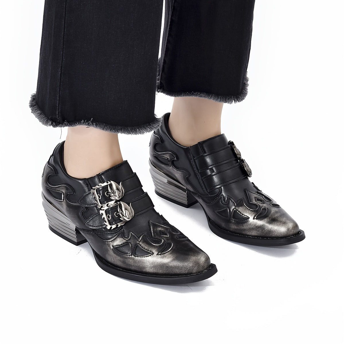 Women's Silver Brushed Retro British Style Ankle Boots with Flame Decoration