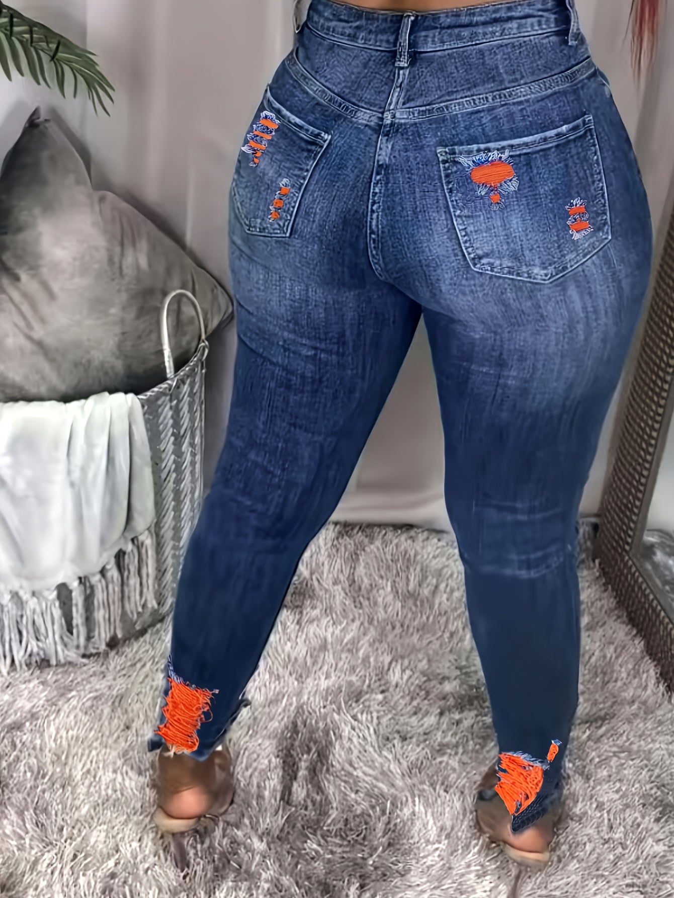 Women High Stretch Casual Jeans Large Size Colorful Ripped Holes